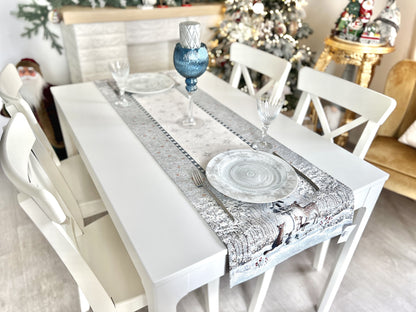 Christmas Tapestry Table runner «Snow village» With microfibre & silver lurex