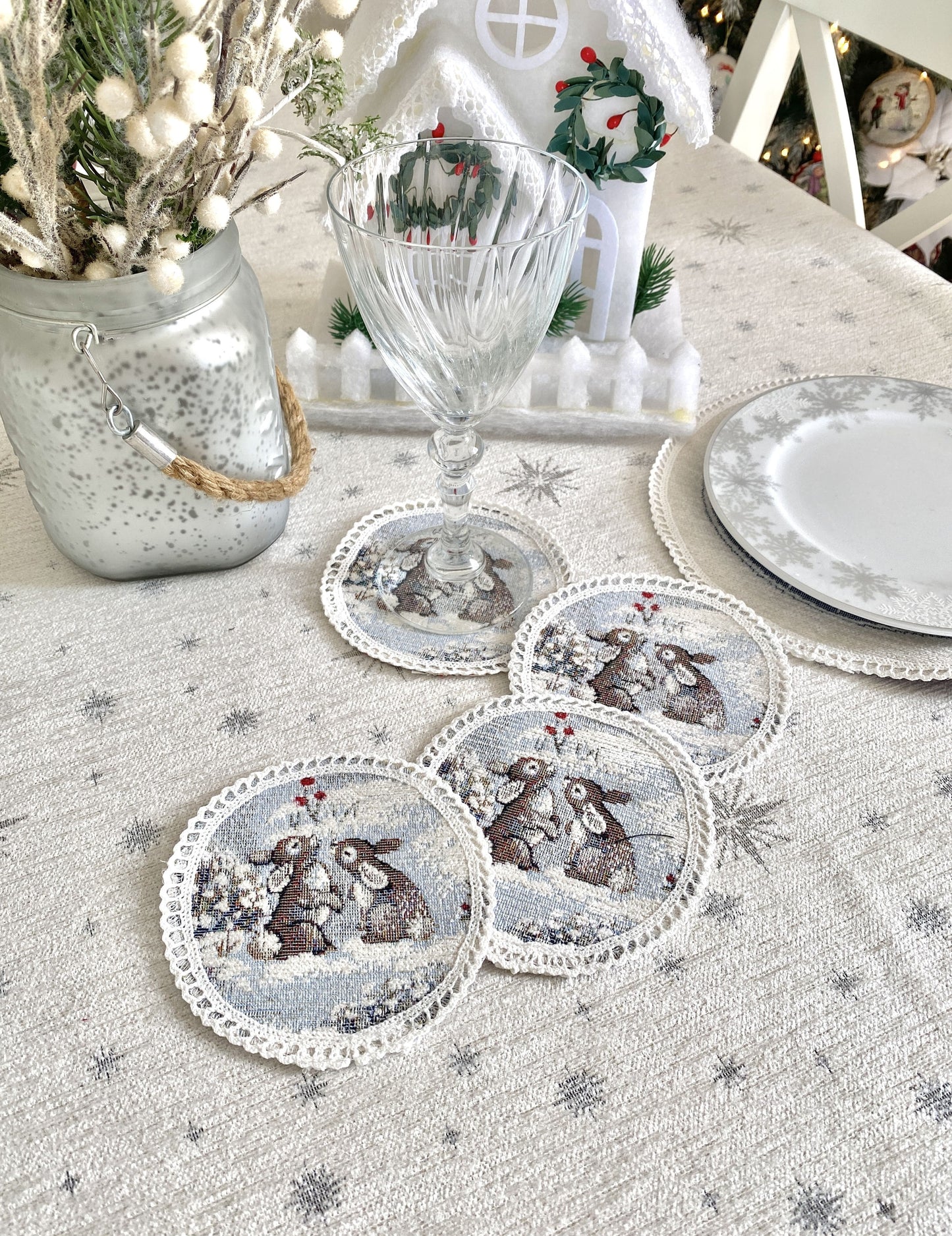 Christmas cup placemats «Snow village» With microfibre & silver lurex