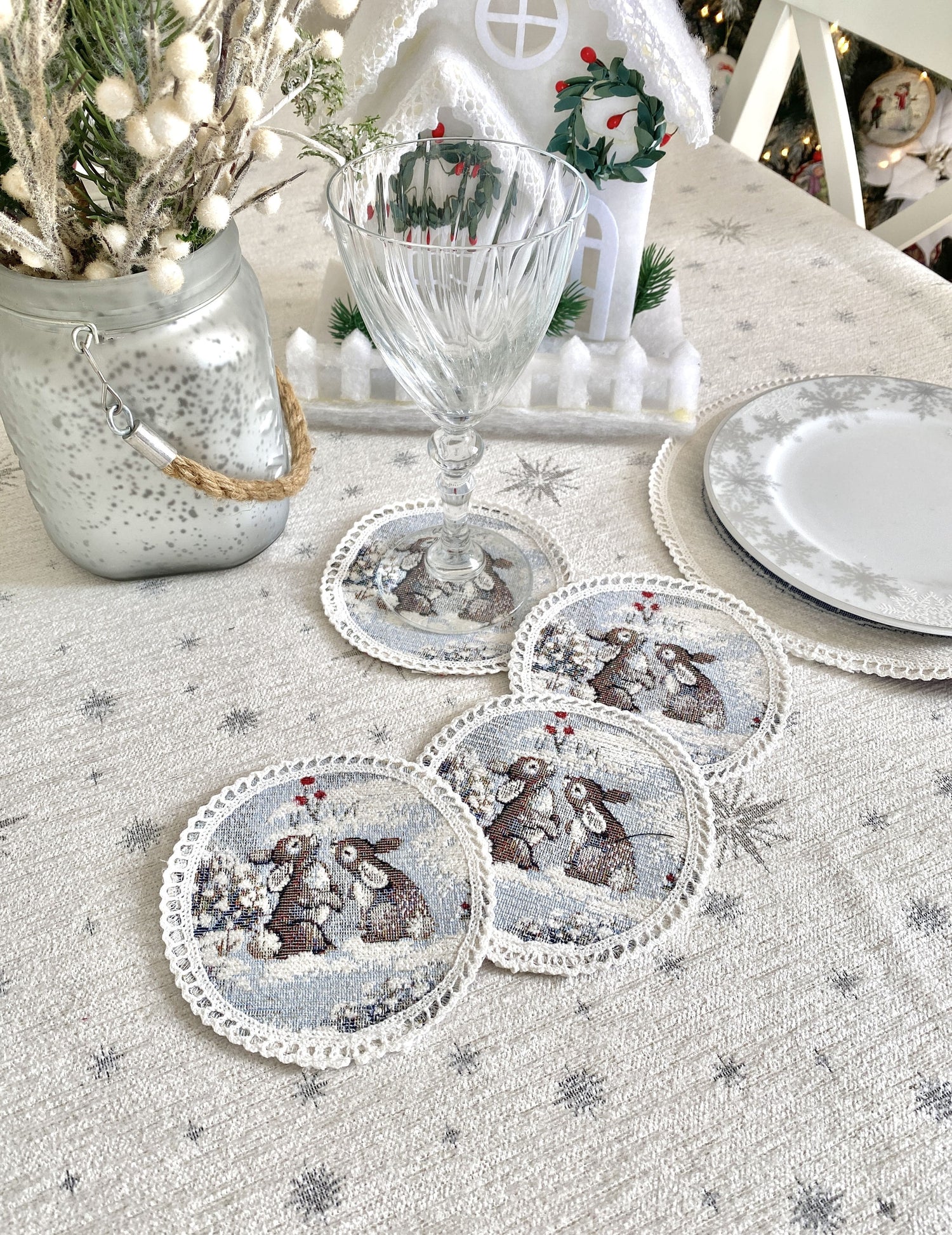 Christmas cup placemats «Snow village» With microfibre &amp; silver lurex Limaso Textile