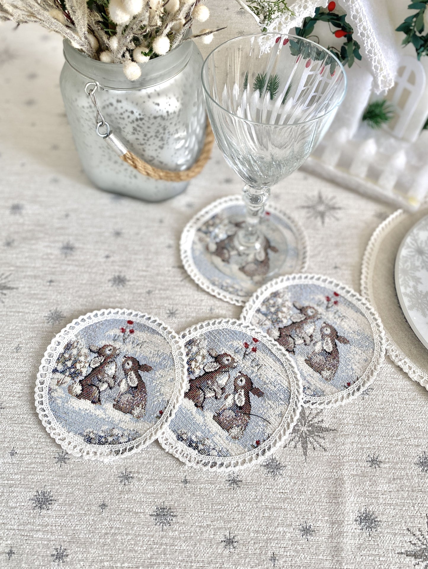 Christmas cup placemats «Snow village» With microfibre & silver lurex