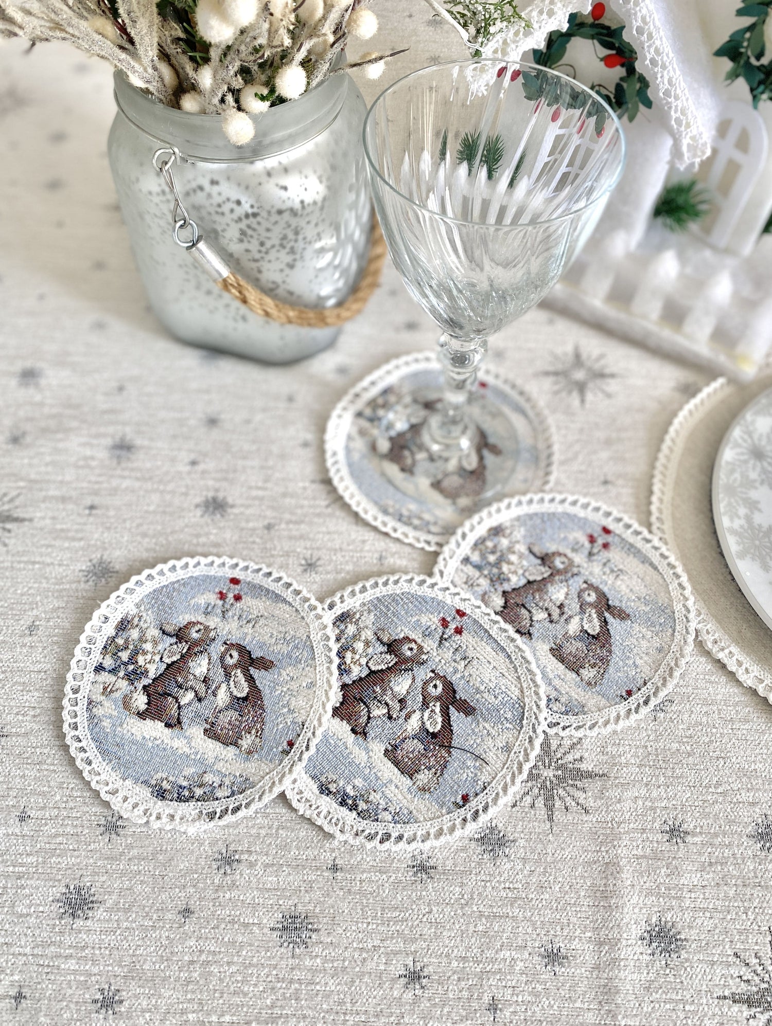 Christmas cup placemats «Snow village» With microfibre &amp; silver lurex Limaso Textile