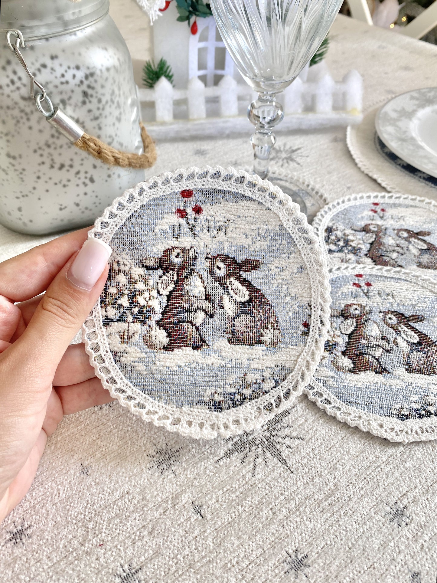 Christmas cup placemats «Snow village» With microfibre & silver lurex