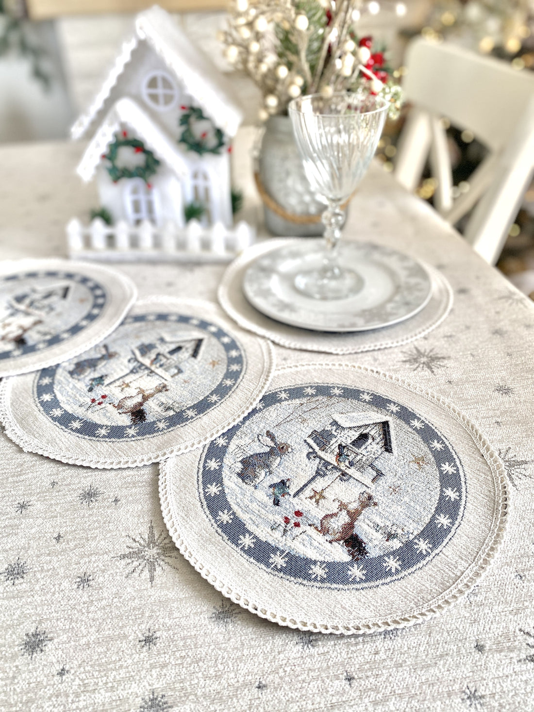 Christmas cup placemats «Snow village» With microfibre &amp; silver lurex