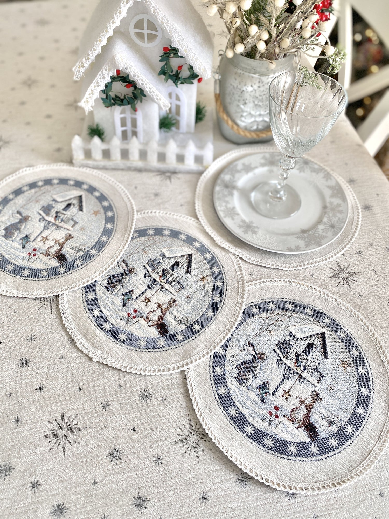 Christmas cup placemats «Snow village» With microfibre &amp; silver lurex Limaso Textile