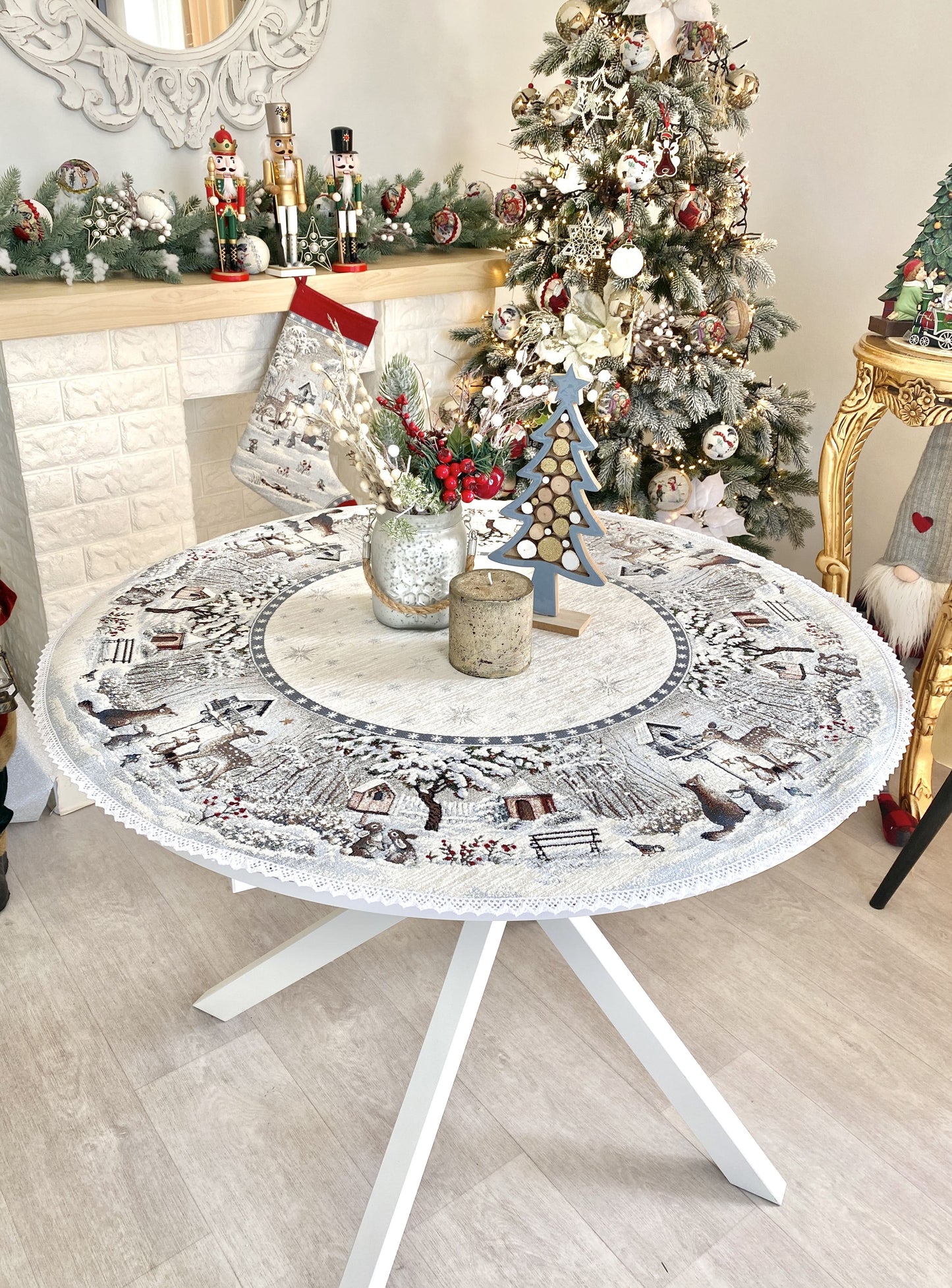 Round Christmas tablecloth «Snow village» With microfibre & silver lurex