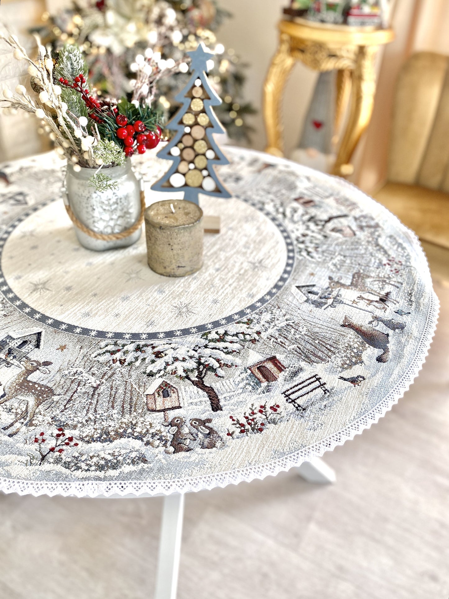 Round Christmas tablecloth «Snow village» With microfibre & silver lurex