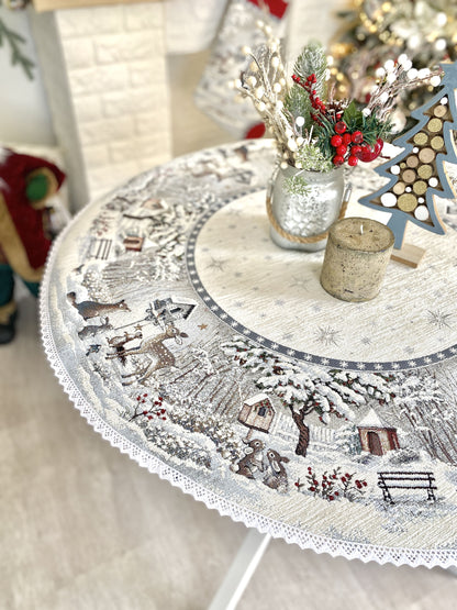 Round Christmas tablecloth «Snow village» With microfibre & silver lurex