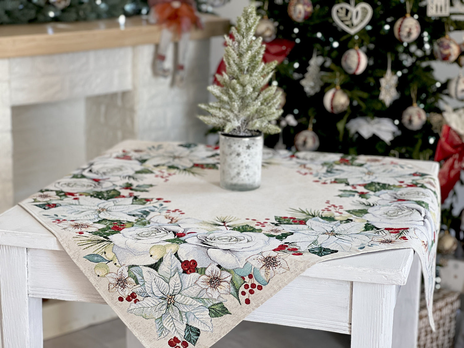 Christmas tapestry tablecloth «Christmas Flower» with silver thread Limaso Textile