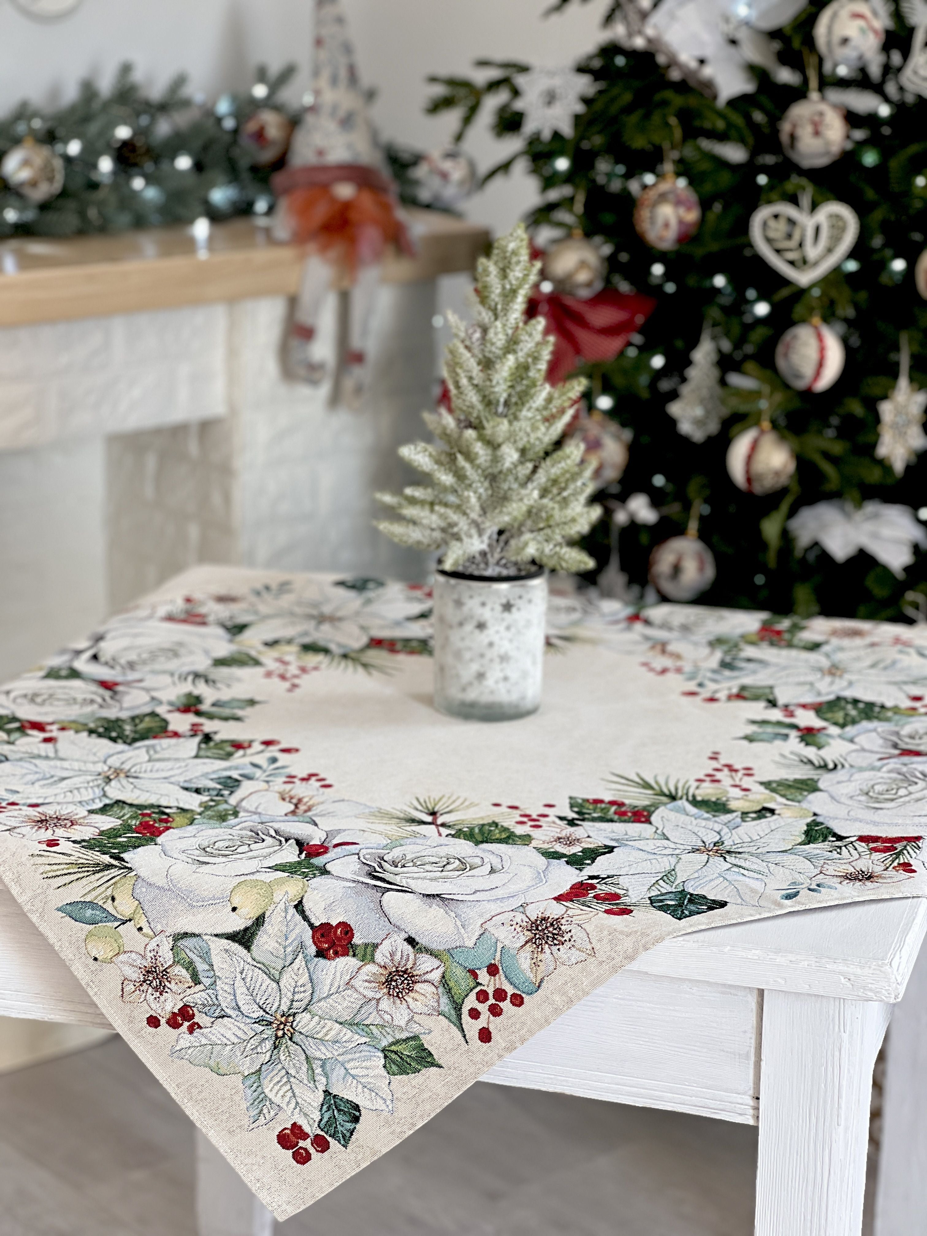 Christmas tapestry tablecloth «Christmas Flower» with silver thread Limaso Textile