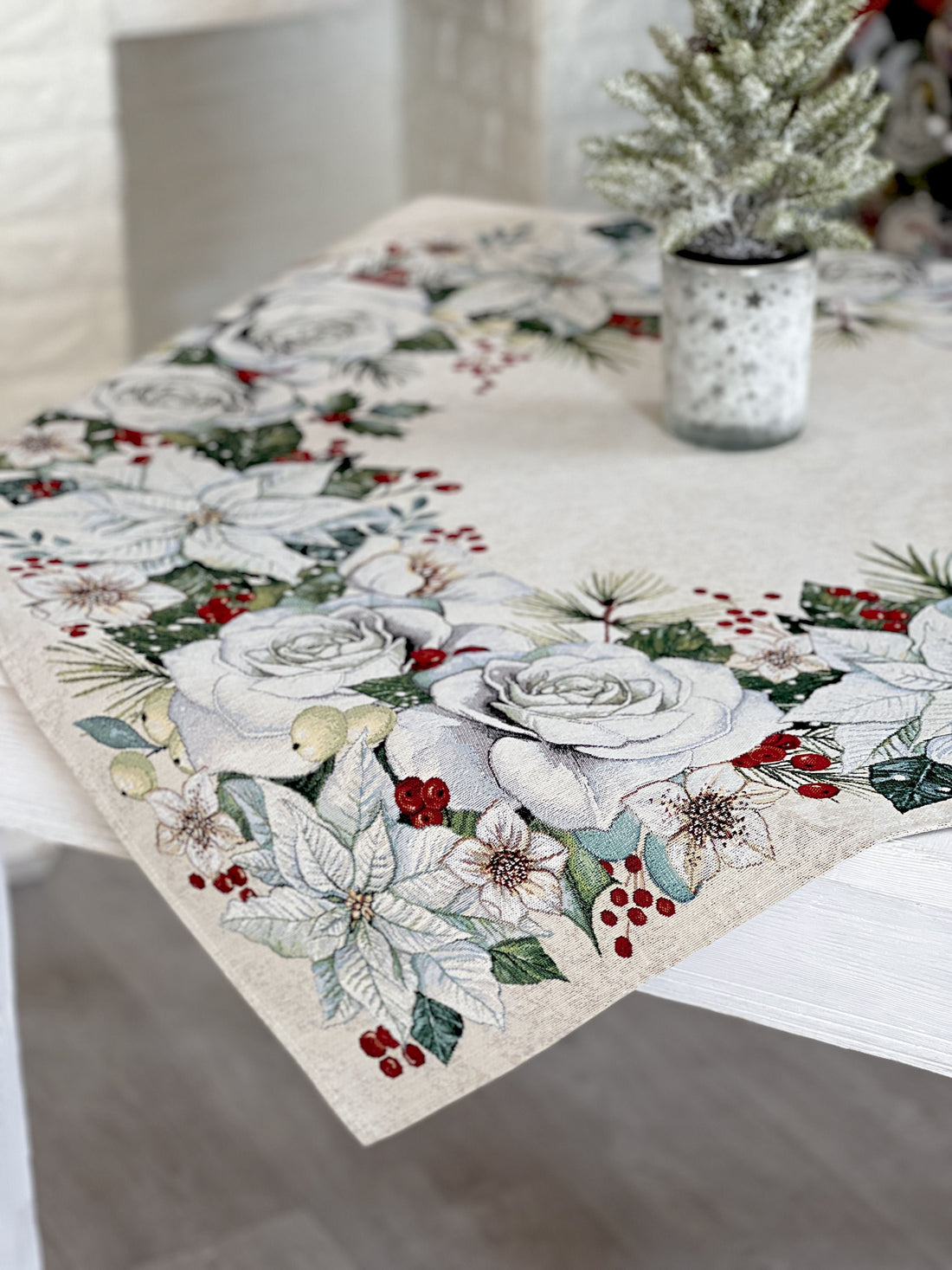 Christmas tapestry tablecloth «Christmas Flower» with silver thread Limaso Textile