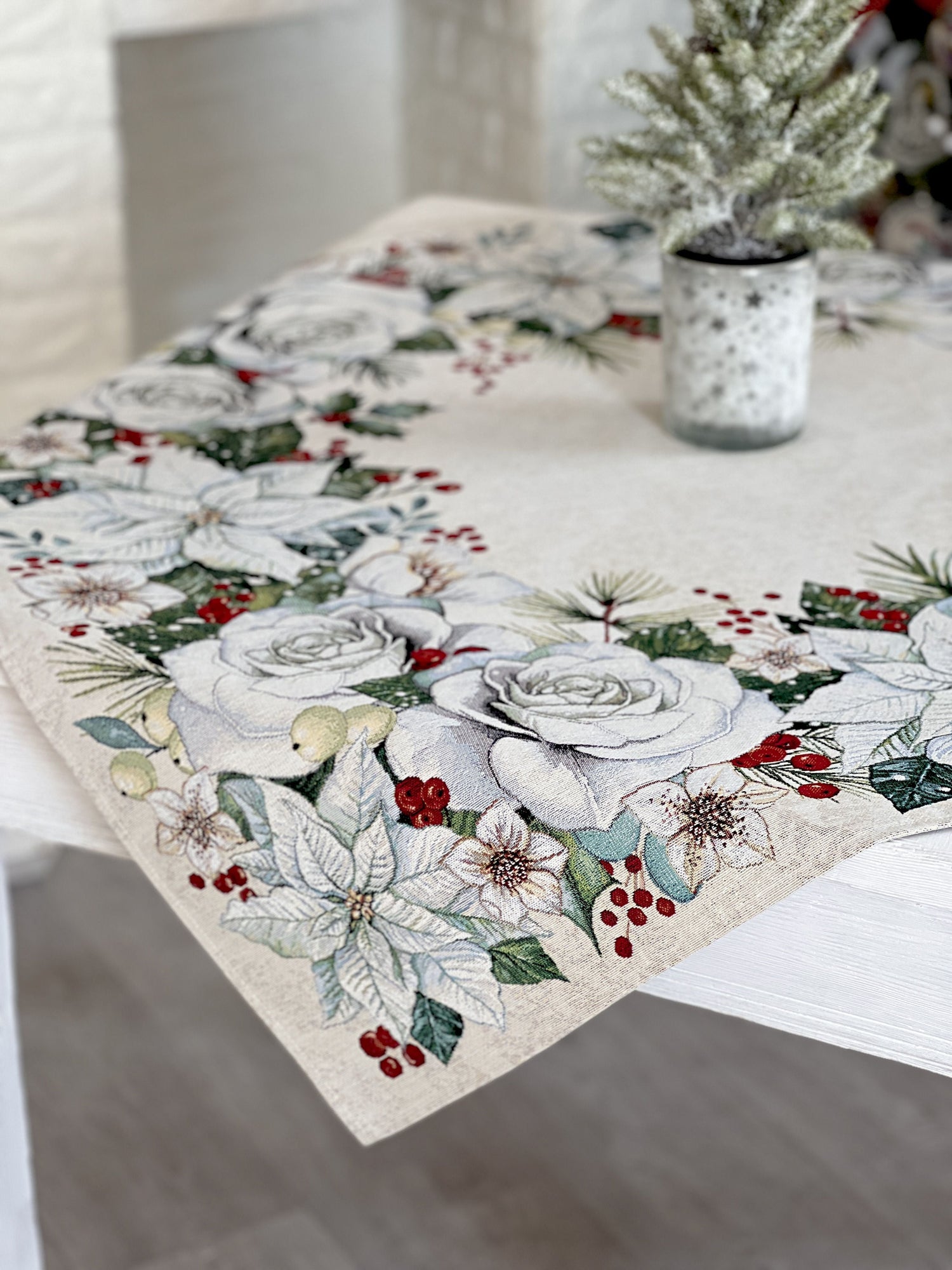 Christmas tapestry tablecloth «Christmas Flower» with silver thread Limaso Textile