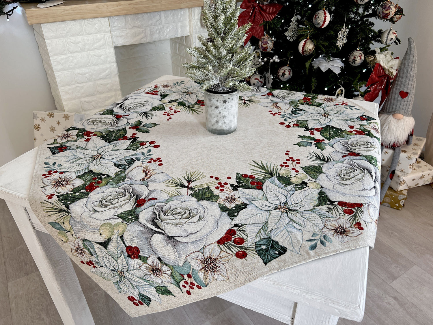 Christmas tapestry tablecloth «Christmas Flower» with silver thread Limaso Textile