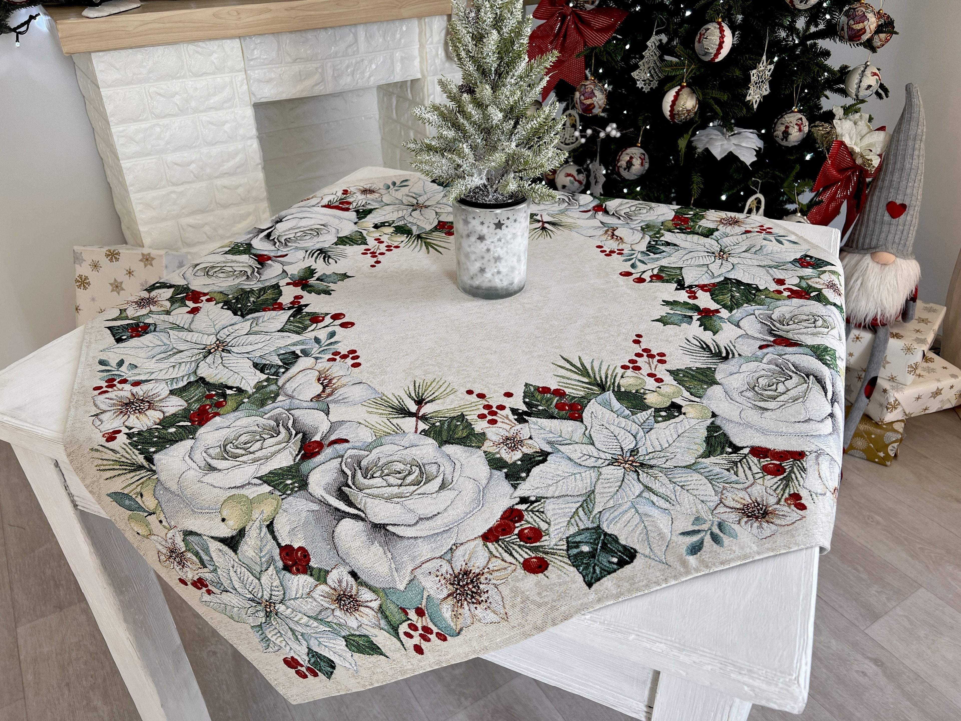 Christmas tapestry tablecloth «Christmas Flower» with silver thread Limaso Textile