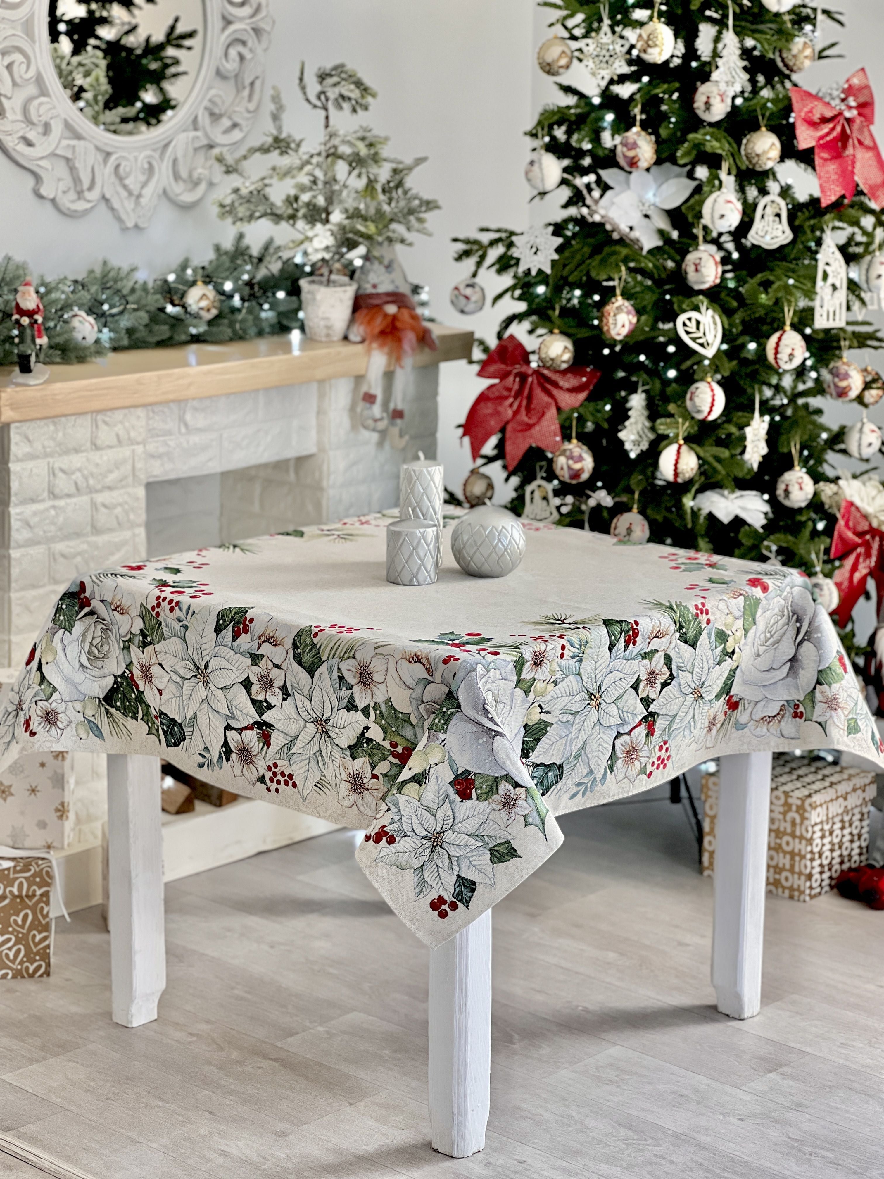 Christmas tapestry tablecloth «Christmas Flower» with silver thread Limaso Textile