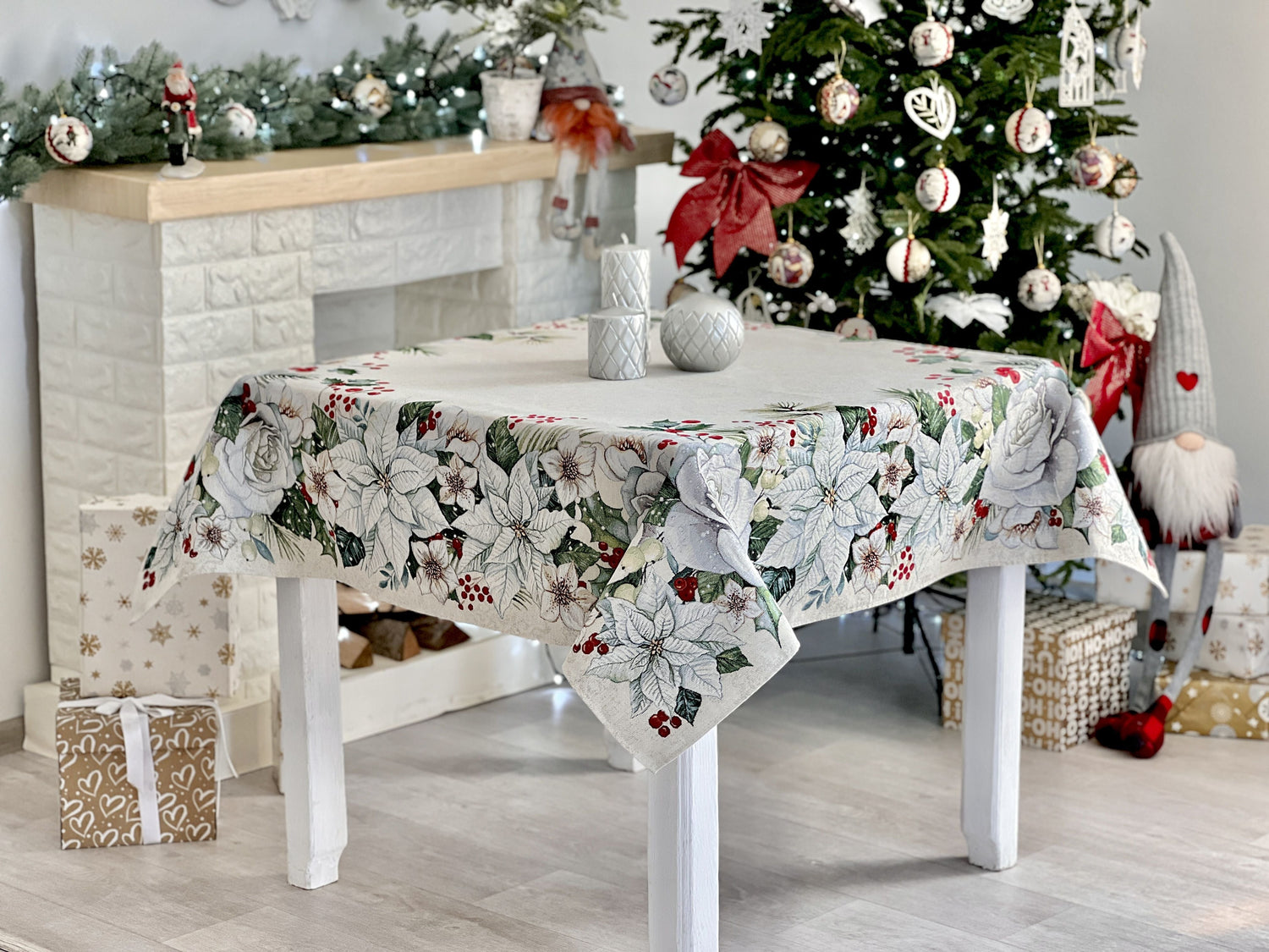 Christmas tapestry tablecloth «Christmas Flower» with silver thread Limaso Textile