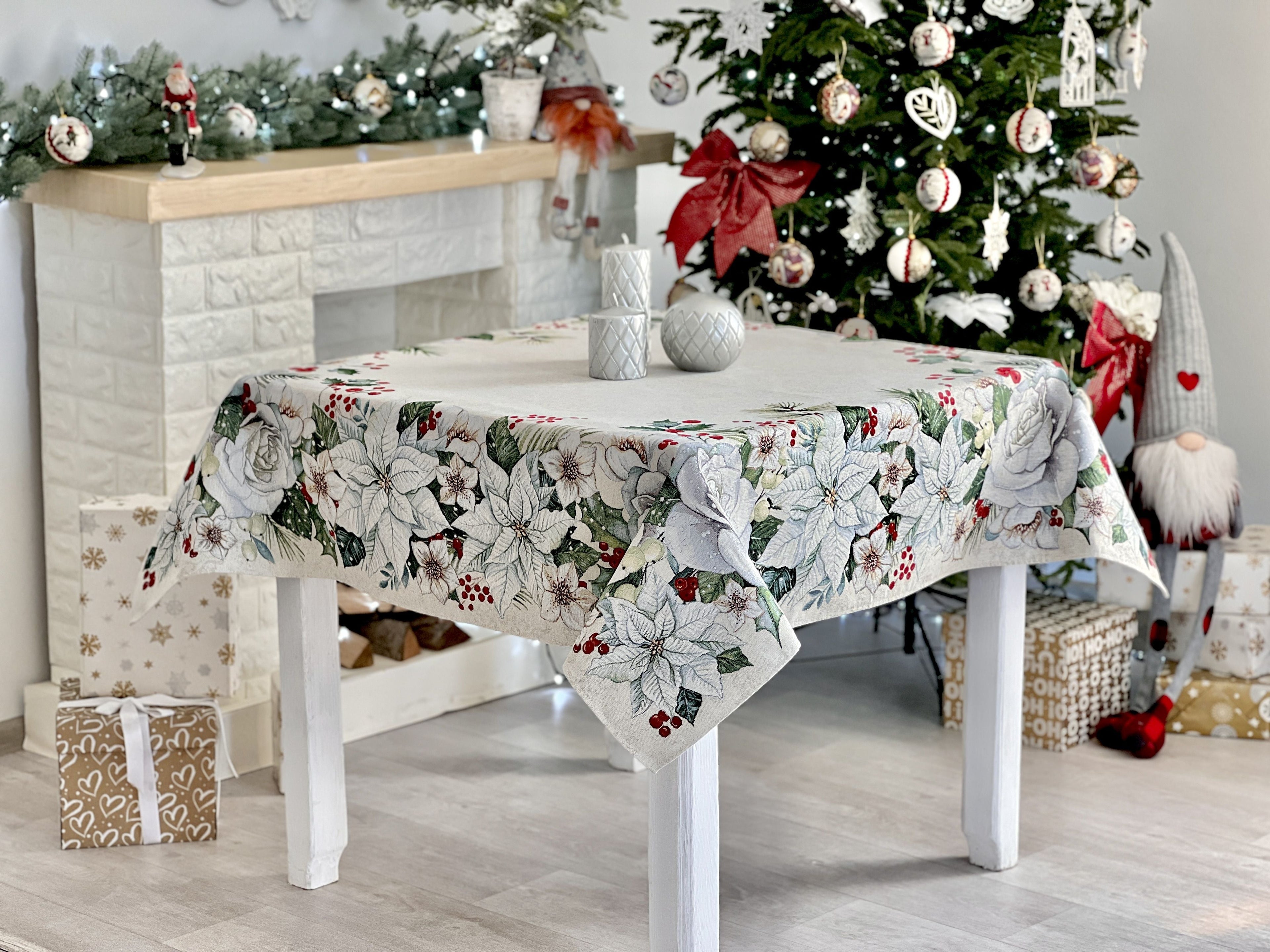 Christmas tapestry tablecloth «Christmas Flower» with silver thread Limaso Textile