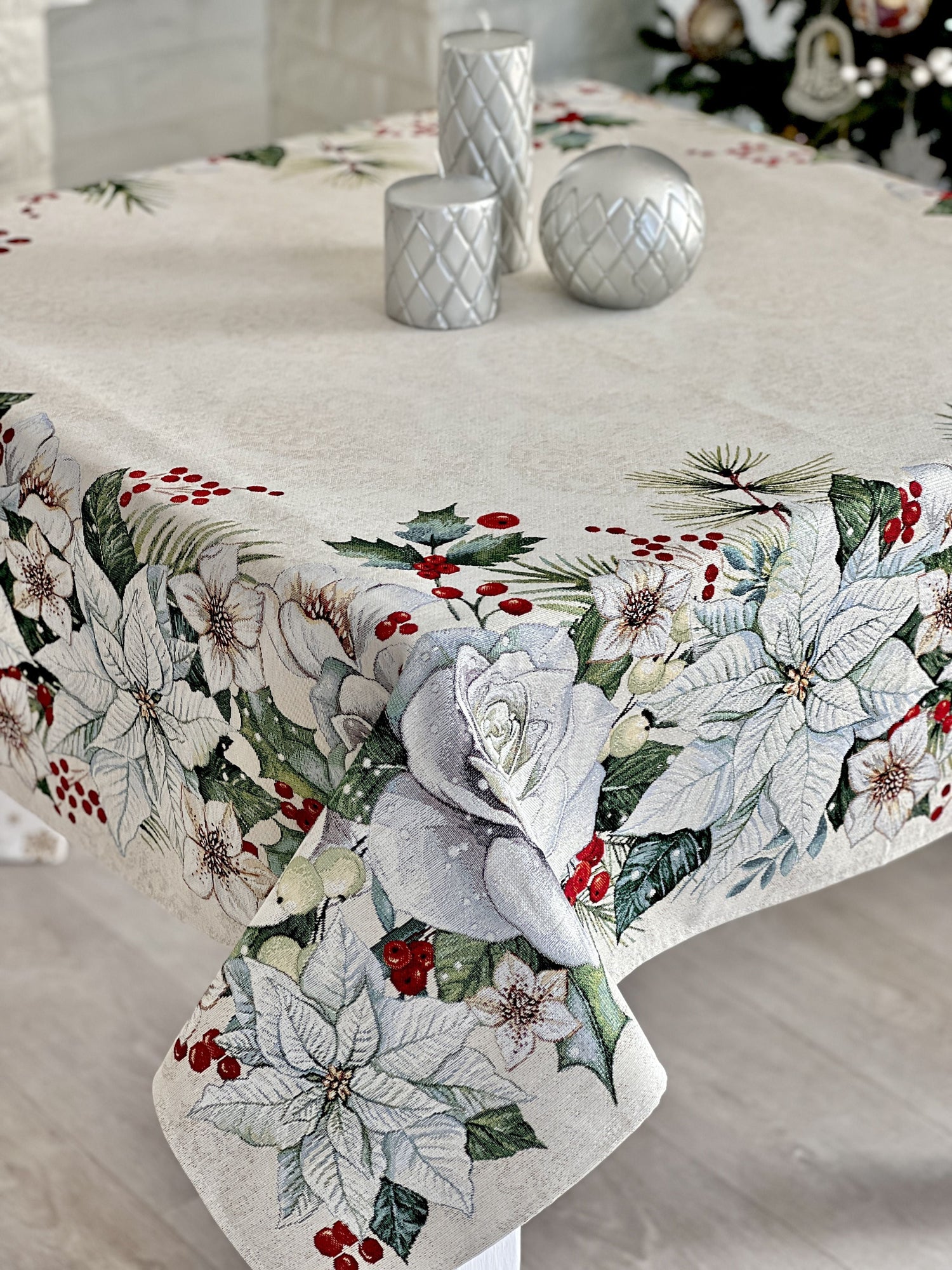 Christmas tapestry tablecloth «Christmas Flower» with silver thread Limaso Textile