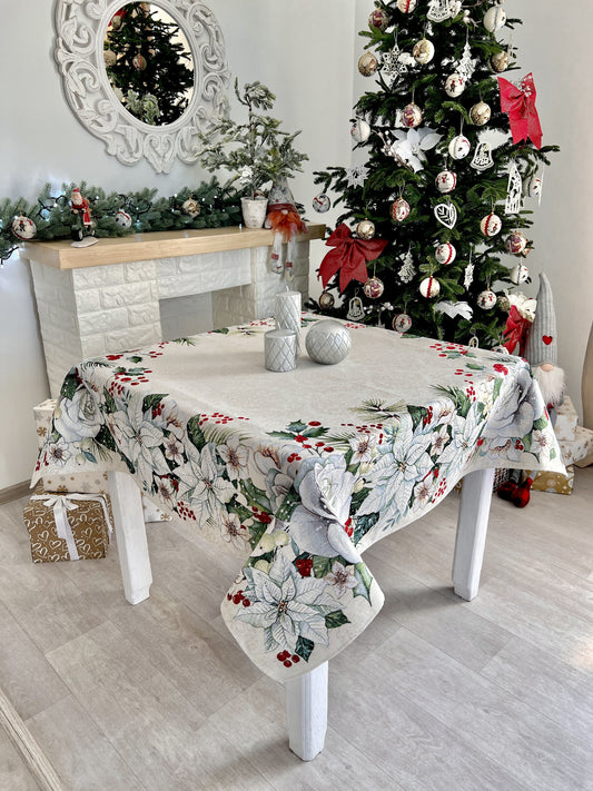 Christmas tapestry tablecloth «Christmas Flower» with silver thread