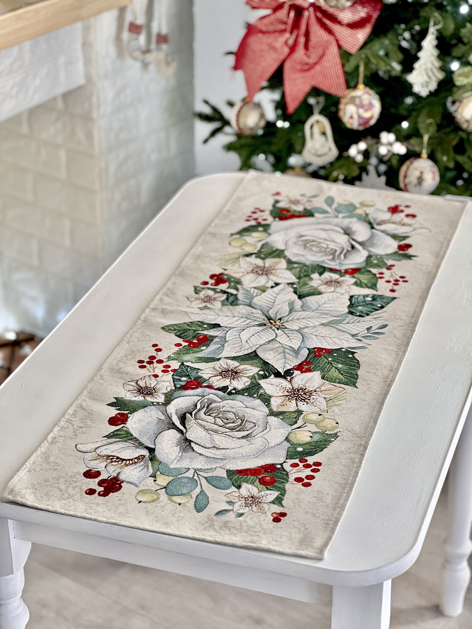 Christmas Tapestry Table runner «Christmas Flower» with silver thread Limaso Textile