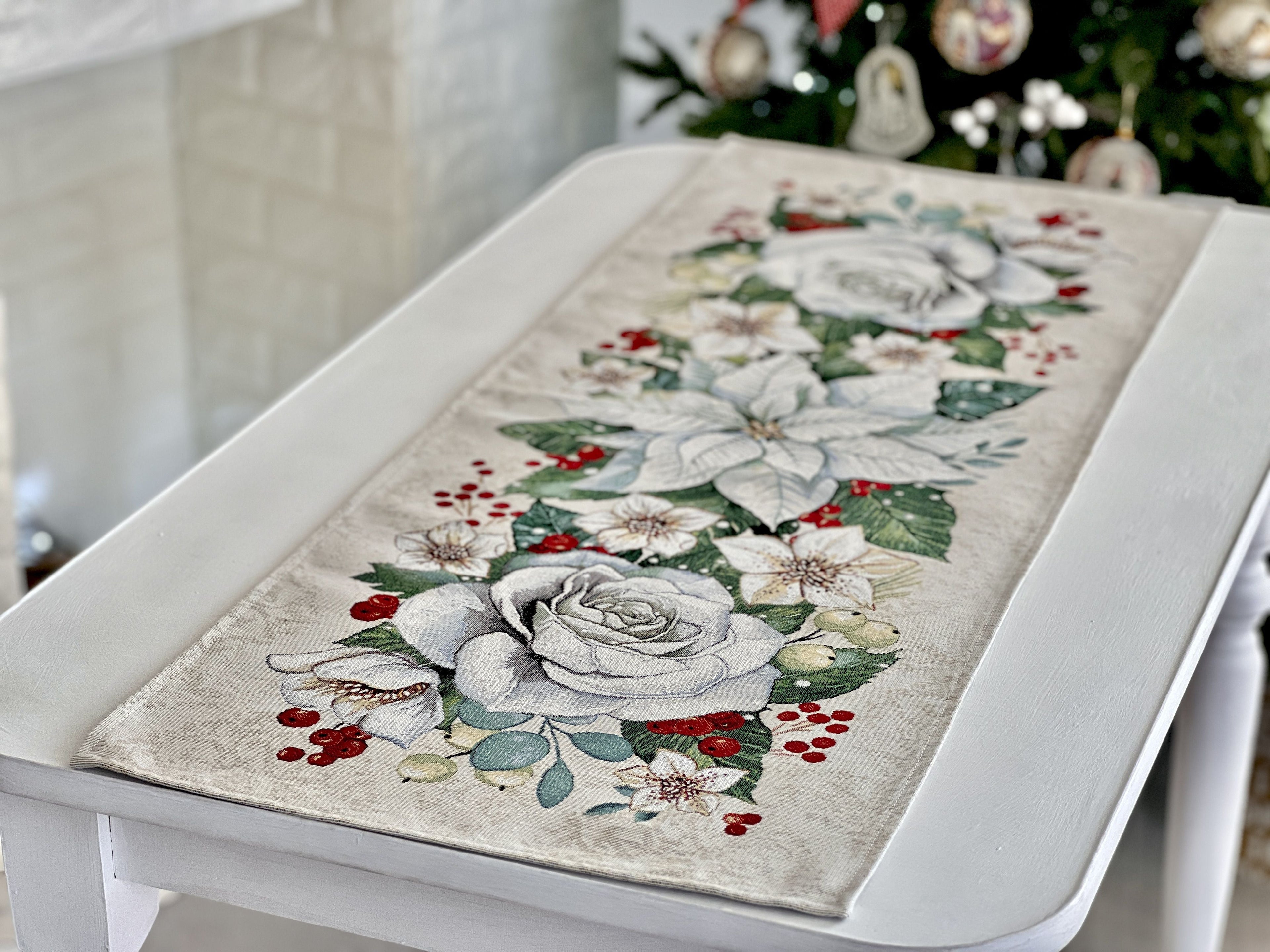 Christmas Tapestry Table runner «Christmas Flower» with silver thread Limaso Textile