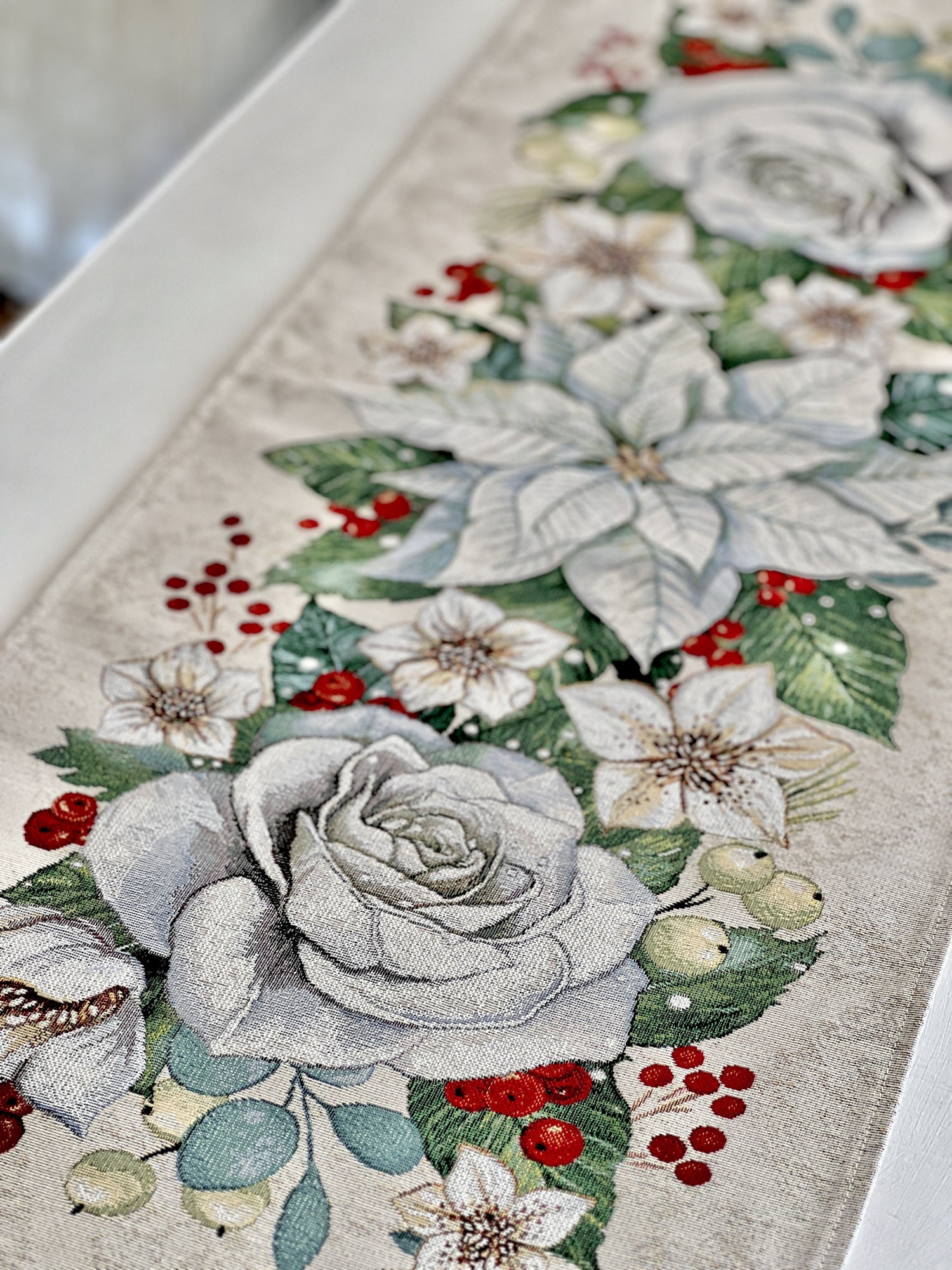 Christmas Tapestry Table runner «Christmas Flower» with silver thread Limaso Textile