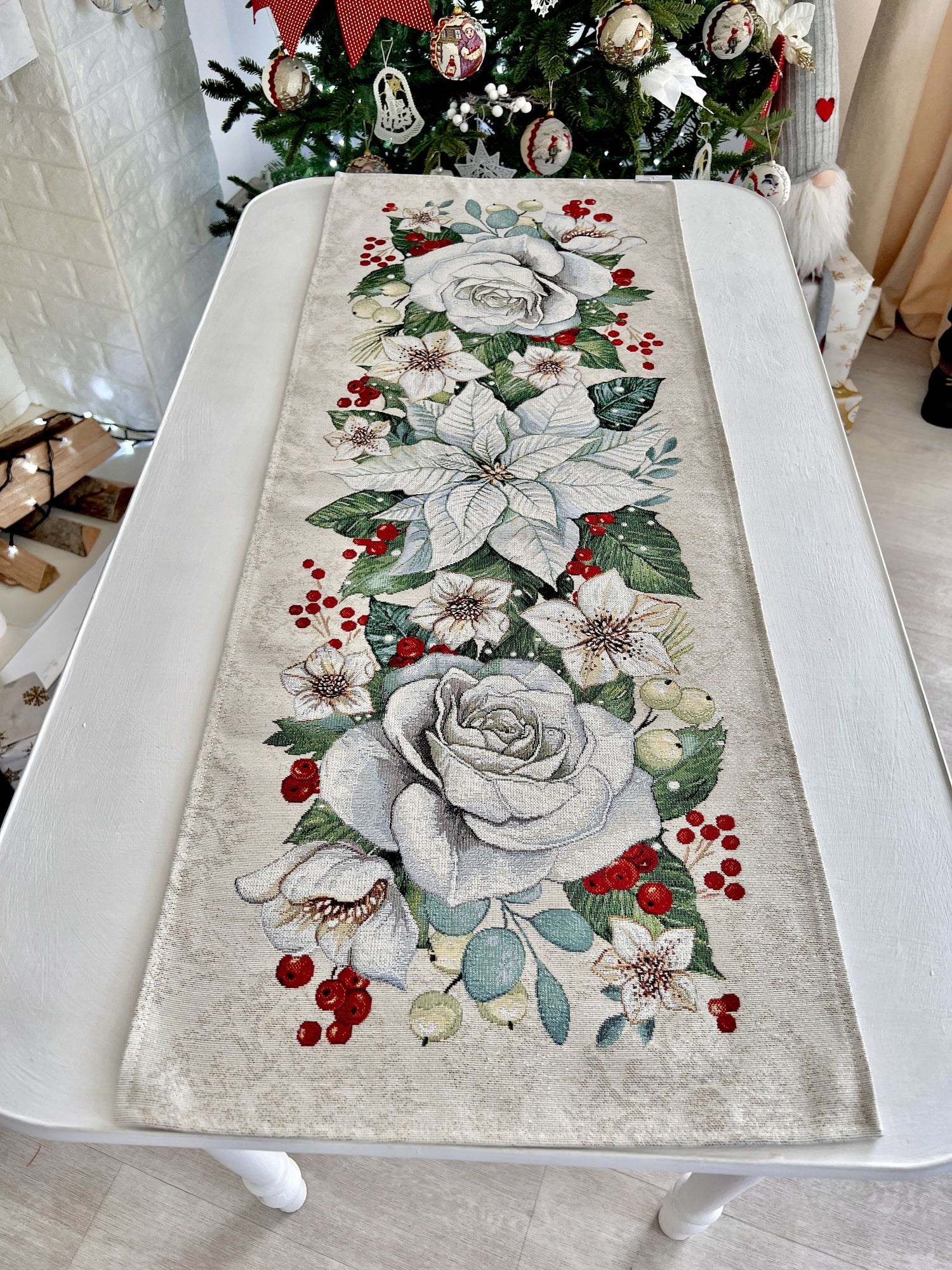 Christmas Tapestry Table runner «Christmas Flower» with silver thread Limaso Textile