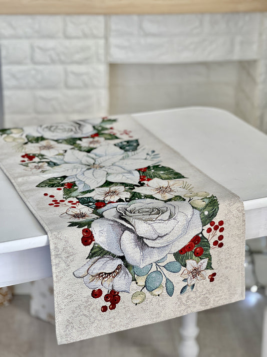 Christmas Tapestry Table runner «Christmas Flower» with silver thread