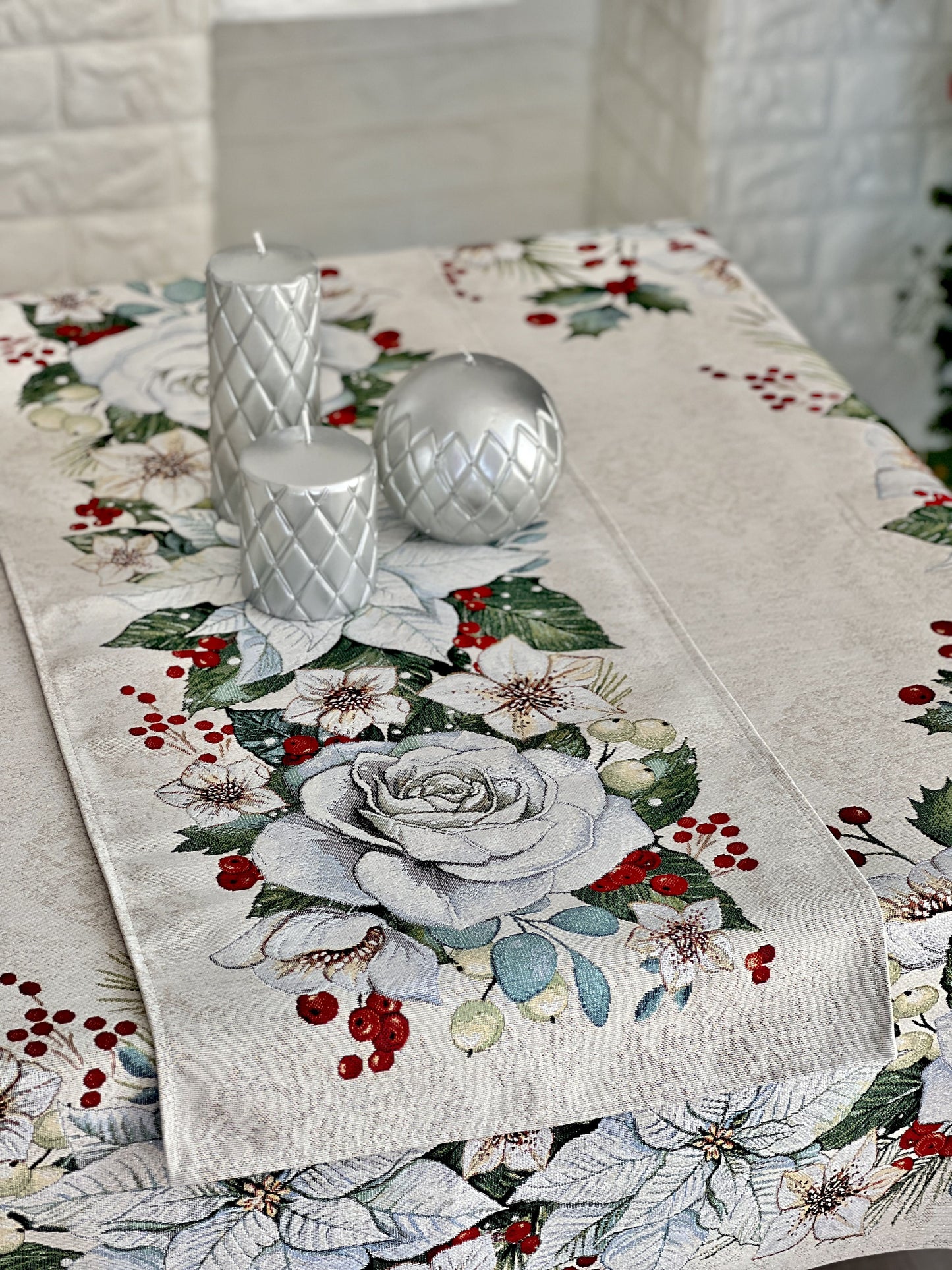 Christmas Tapestry Table runner «Christmas Flower» with silver thread