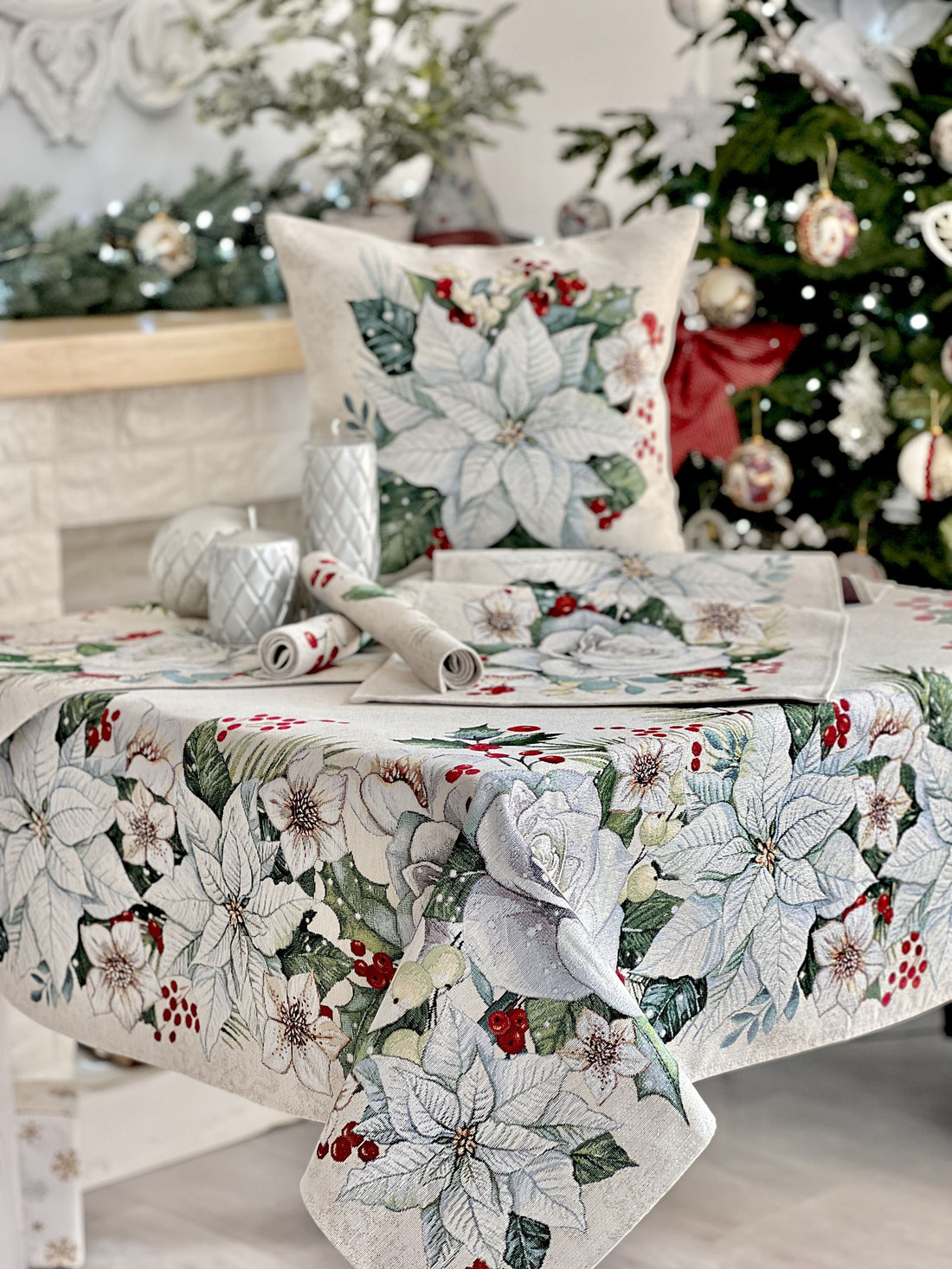 Christmas tapestry tablecloth «Christmas Flower» with silver thread Limaso Textile