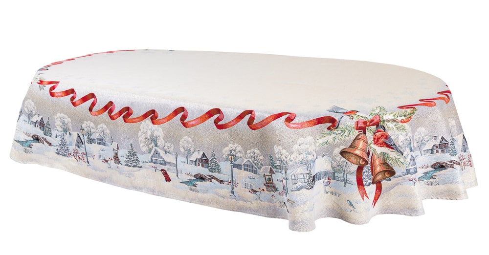 Christmas tapestry oval tablecloth «Christmas News» with silver thread Limaso Textile