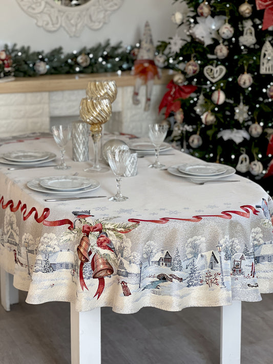 Christmas tapestry oval tablecloth «Christmas News» with silver thread