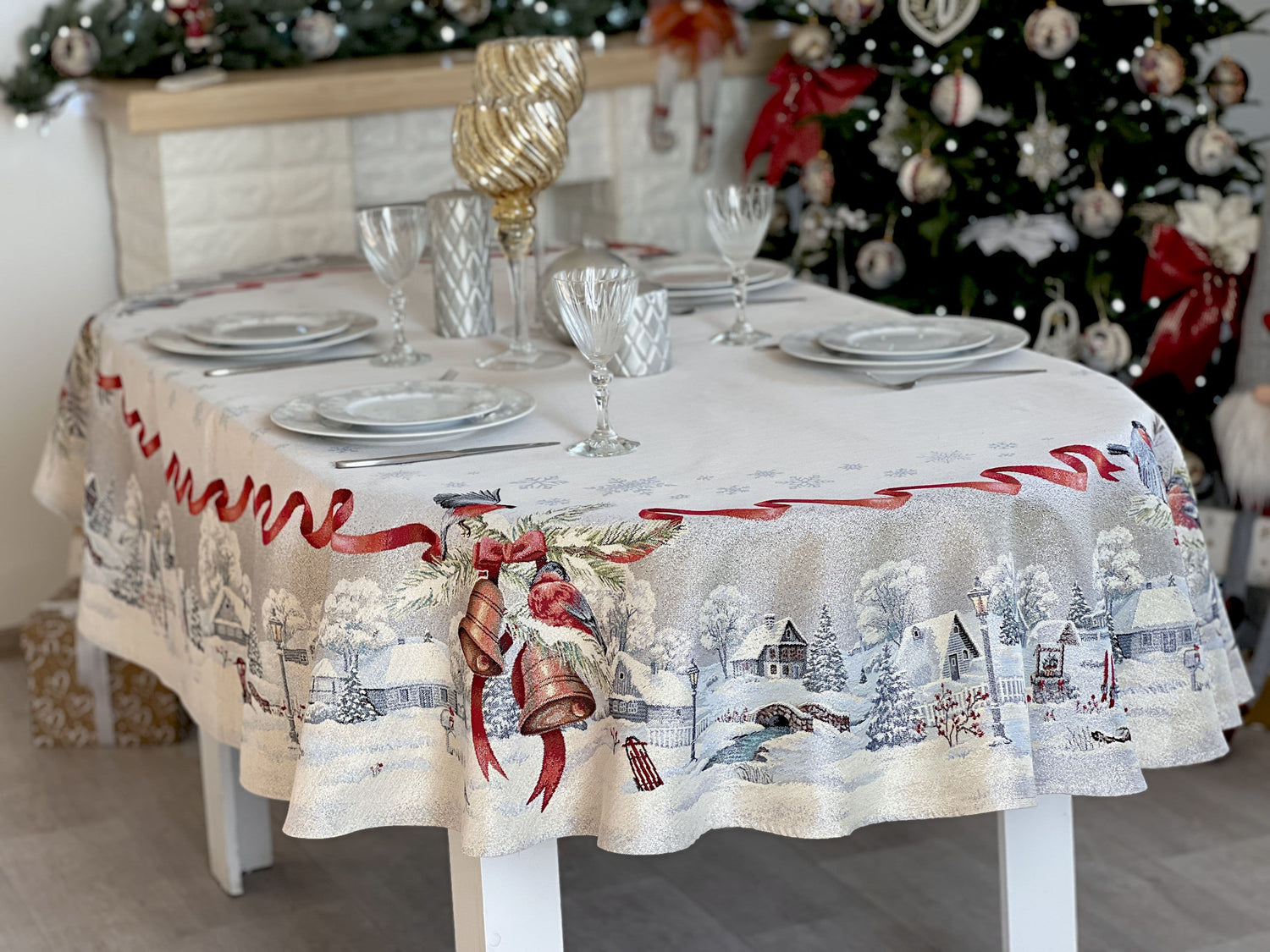 Christmas tapestry oval tablecloth «Christmas News» with silver thread Limaso Textile