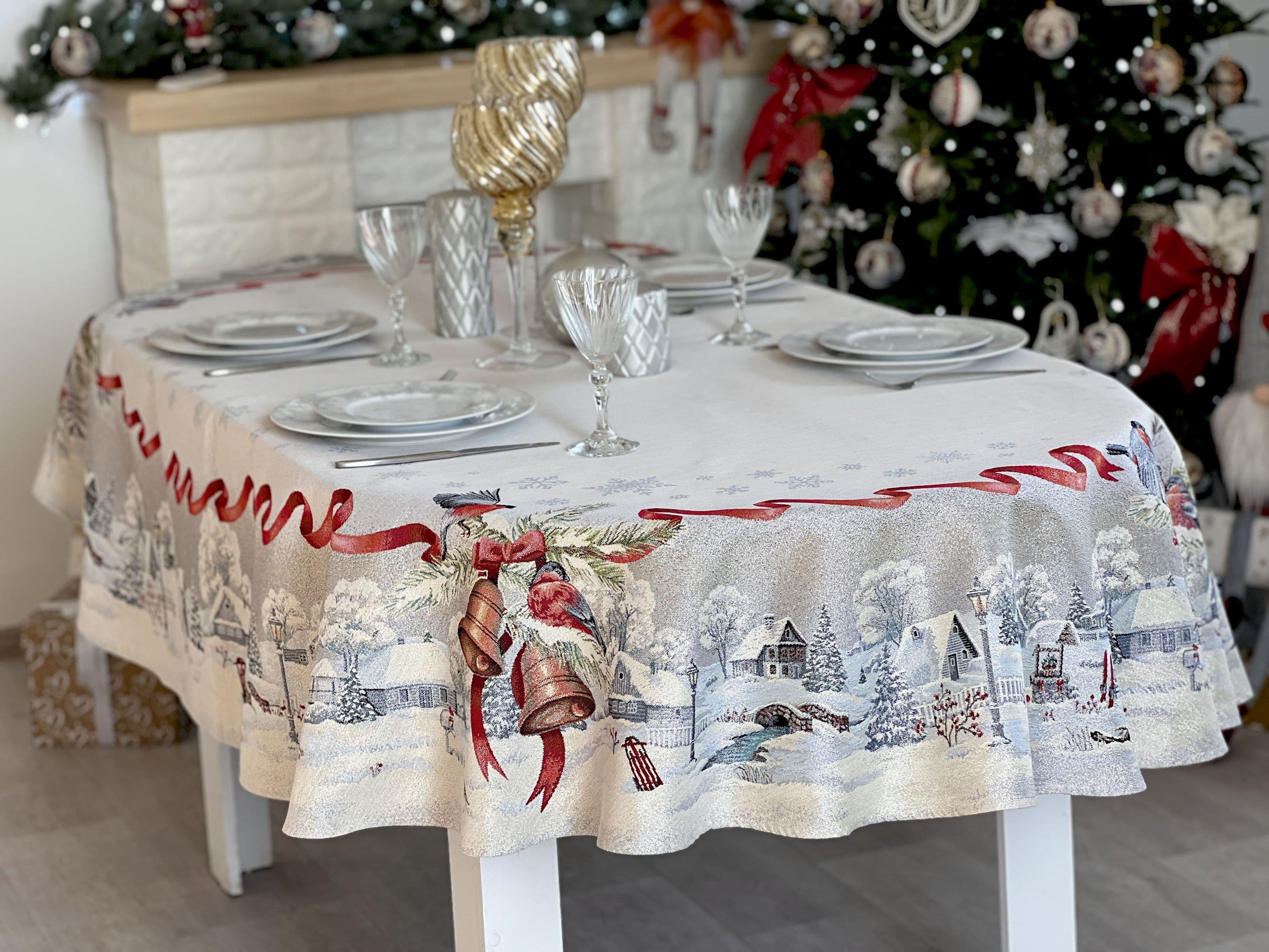 Christmas tapestry oval tablecloth «Christmas News» with silver thread Limaso Textile