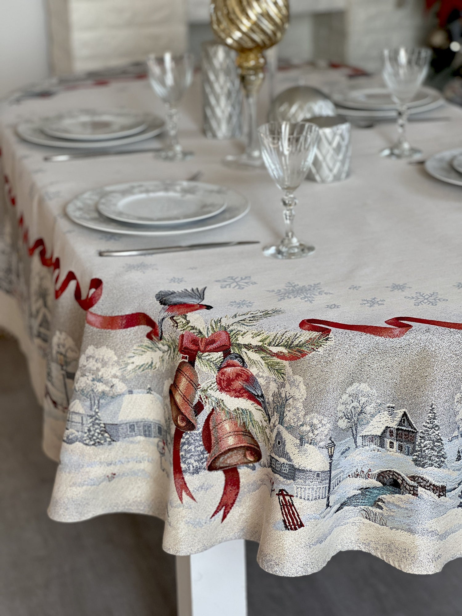 Christmas tapestry oval tablecloth «Christmas News» with silver thread Limaso Textile