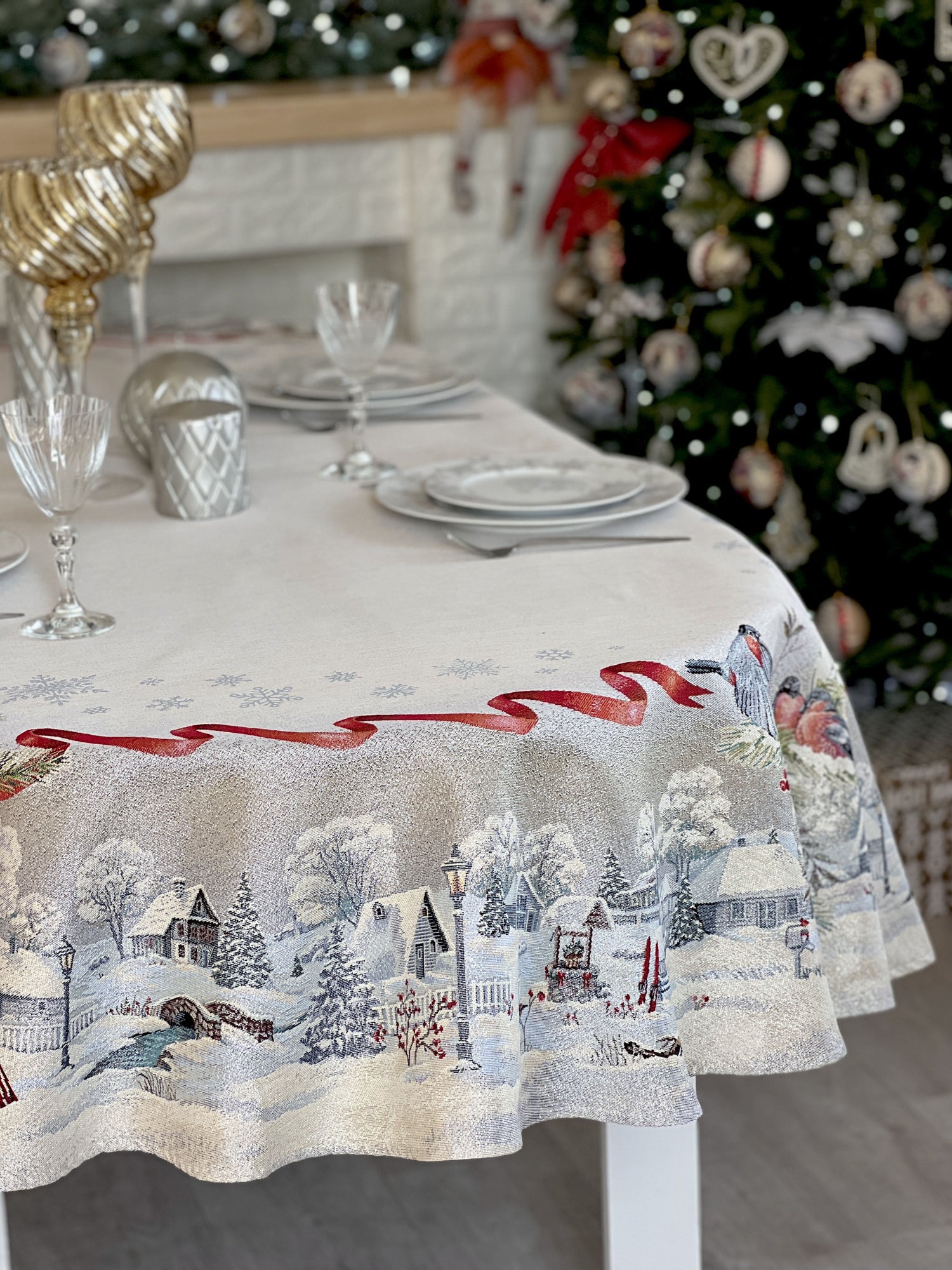 Christmas tapestry oval tablecloth «Christmas News» with silver thread Limaso Textile