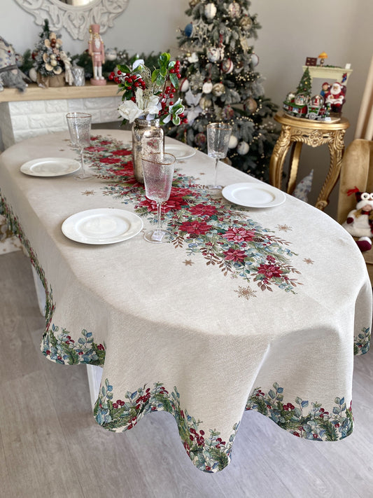 Christmas Tablecloth «Holly & Ivy Charm» with Silver Lurex - Luxury Tapestry