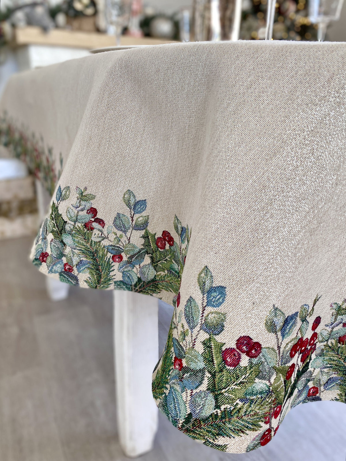 Christmas Tablecloth «Holly &amp; Ivy Charm» with Silver Lurex - Luxury Tapestry Limaso
