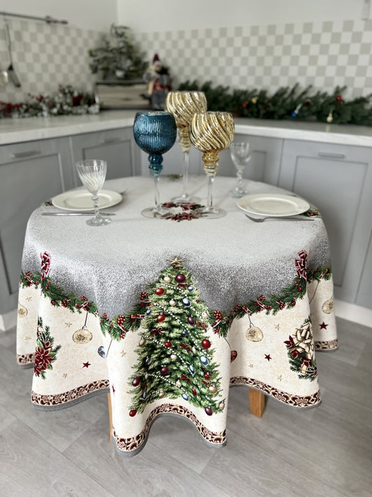 Round Christmas tapestry tablecloth «Christmas tree» With microfibre