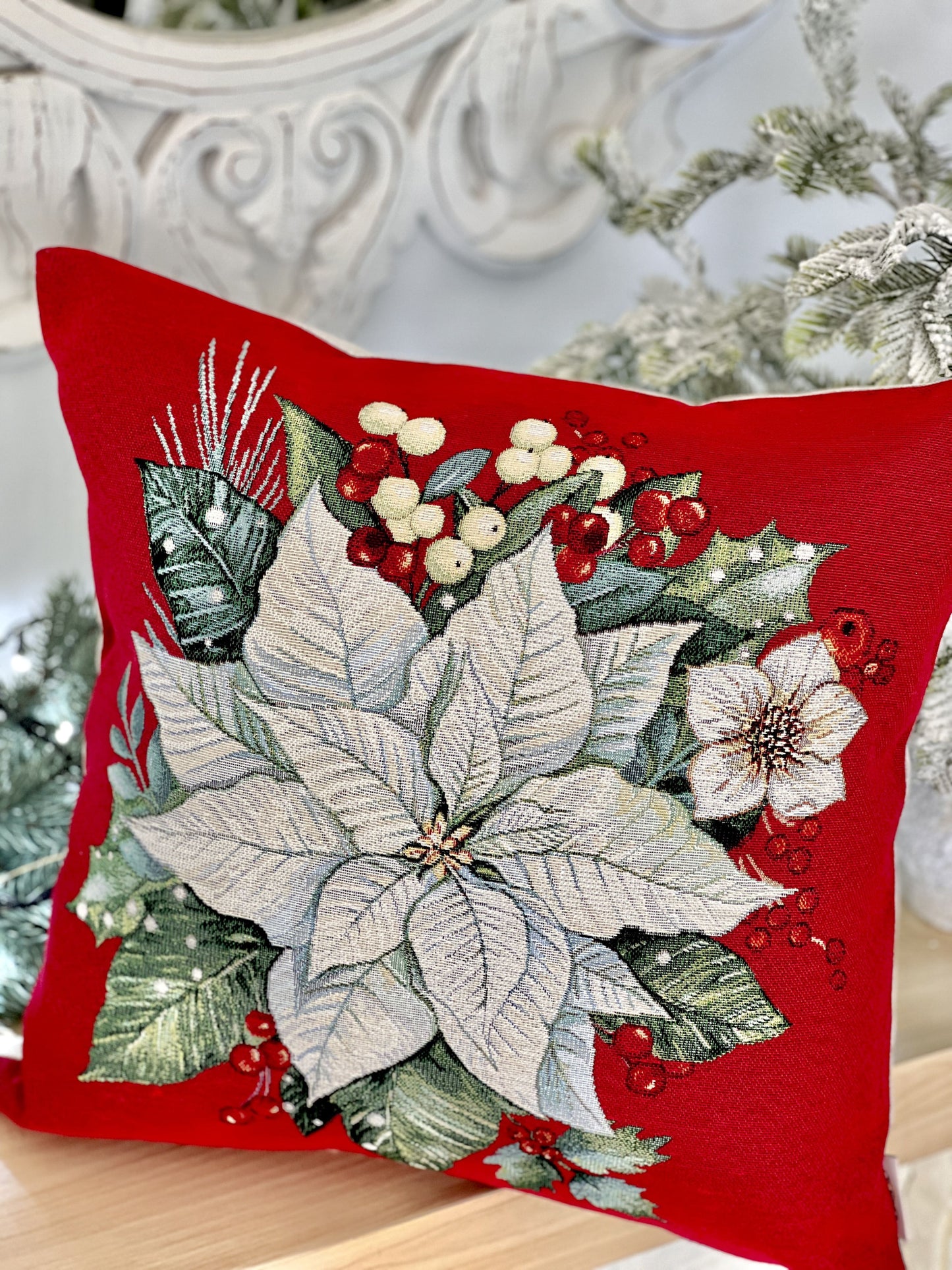 Winter Holiday tapestry cushion cover «Christmas Flower-2» with silver thread