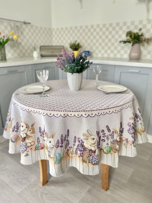 Round Easter tapestry tablecloth «Lavender bunny»