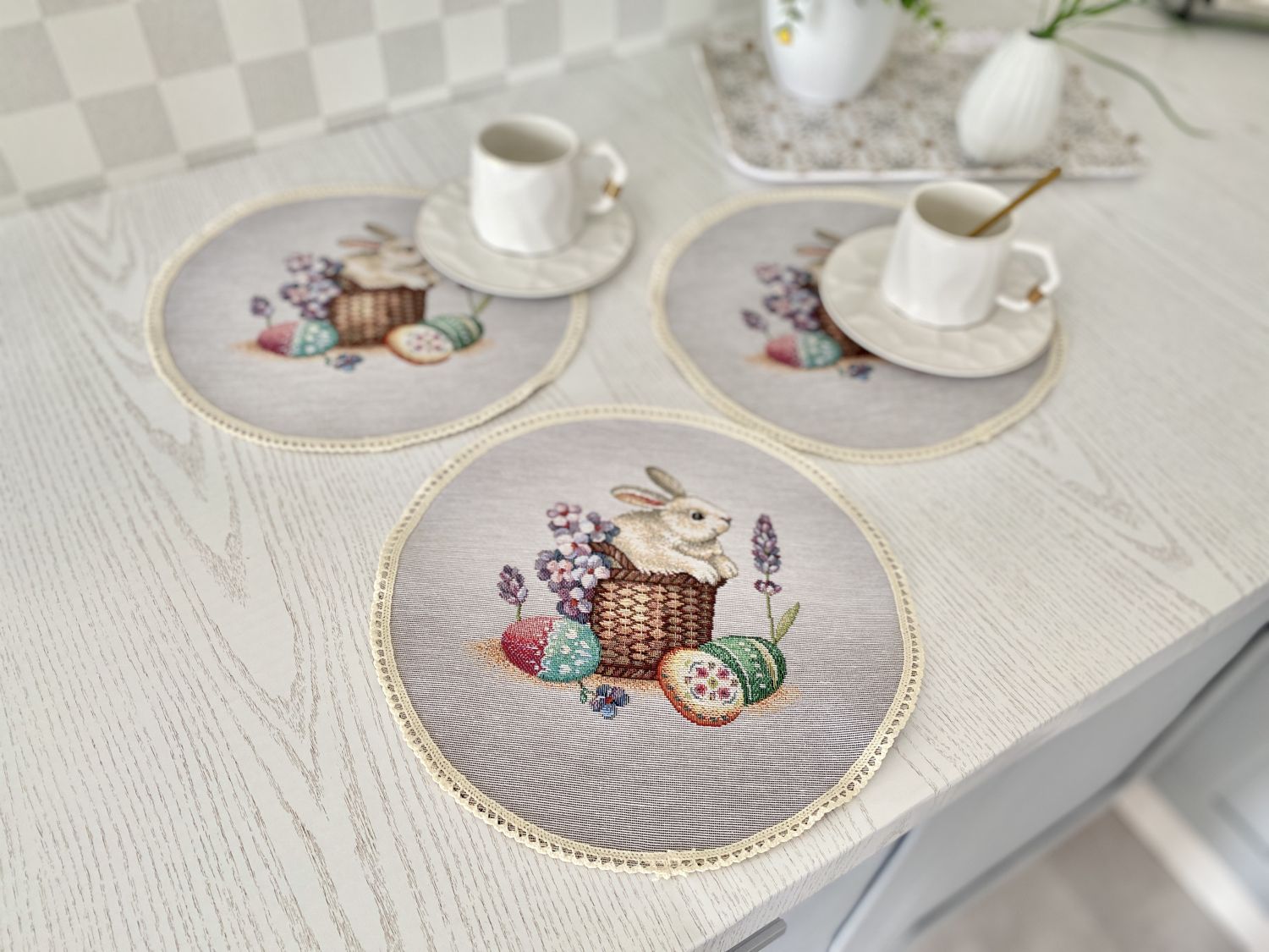Easter tapestry coasters set of 6 «Lavender bunny» Limaso Textile