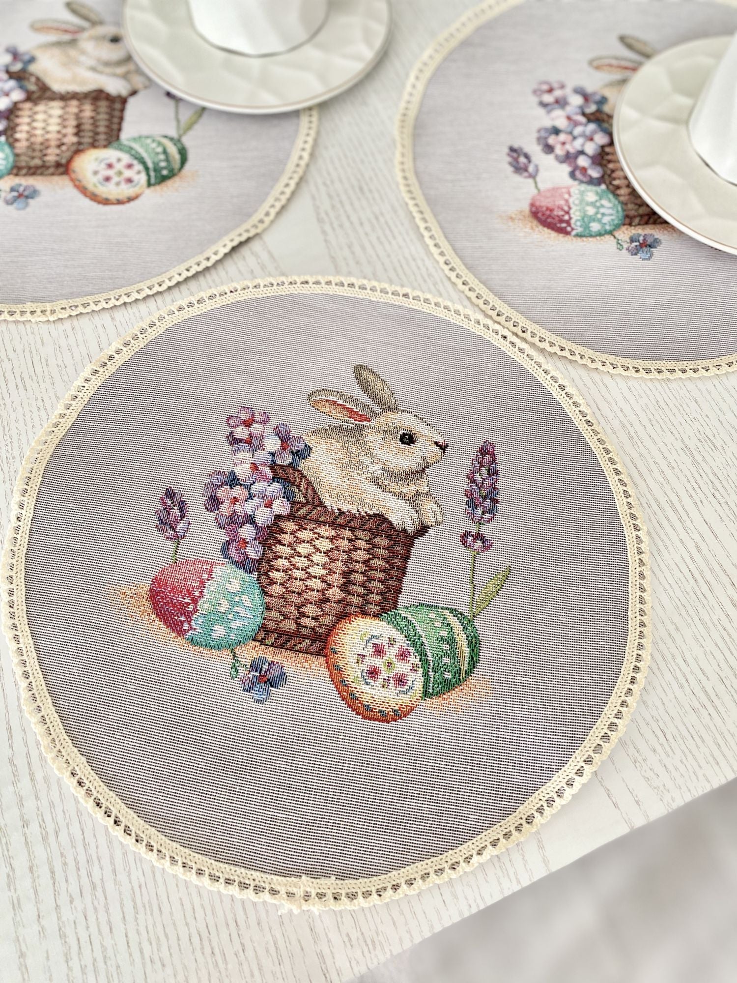 Easter tapestry coasters set of 6 «Lavender bunny» Limaso Textile