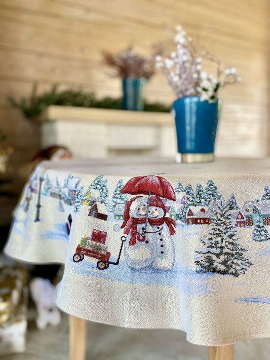 Round Christmas tapestry tablecloth «Snow family» with silver thread