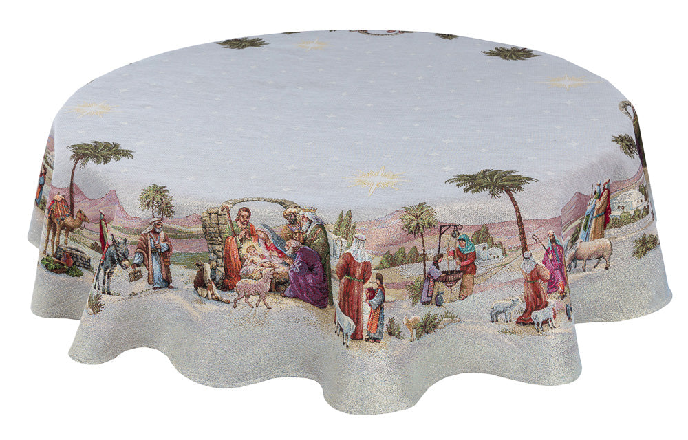 Round Christmas tapestry tablecloth «Nativity» with golden thread Limaso Textile