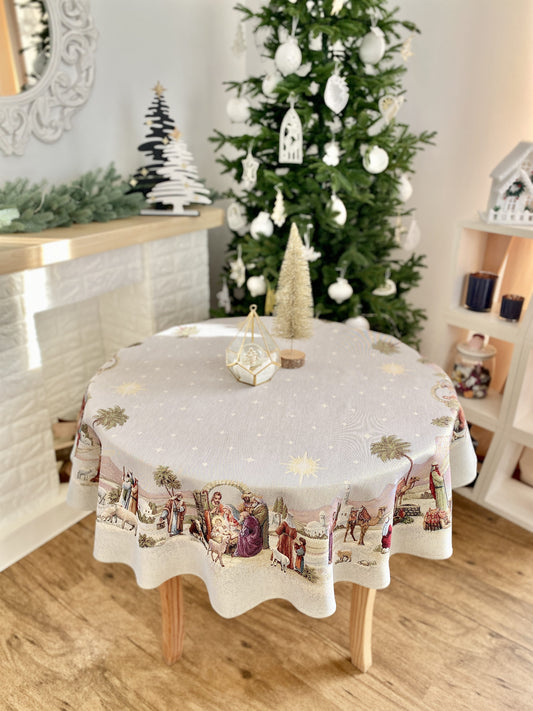 Round Christmas tapestry tablecloth «Nativity» with golden thread