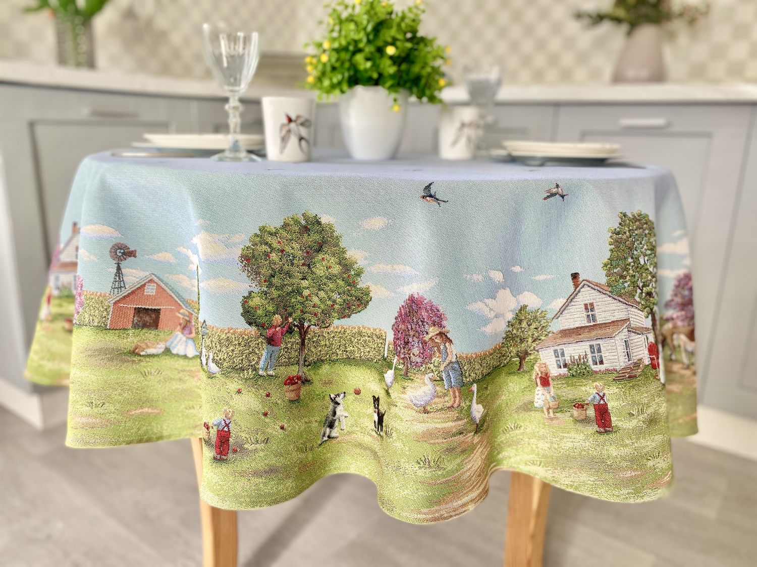 Round Tapestry Tablecloth «Village» Limaso Textile