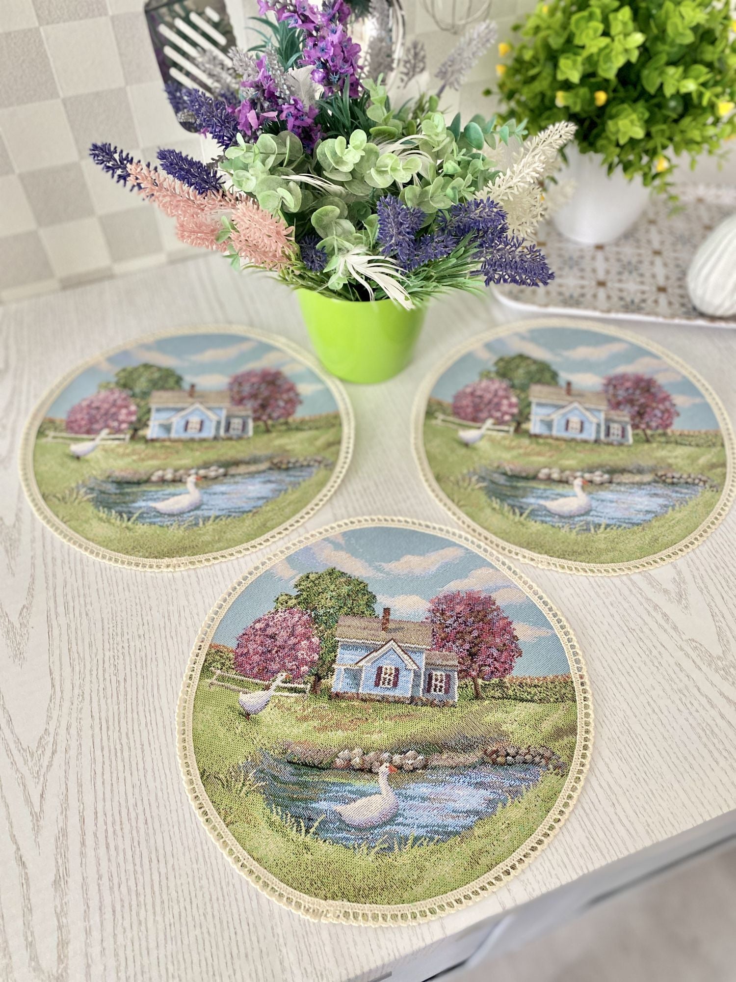 Tapestry coasters set of 6 «Village» Limaso Textile