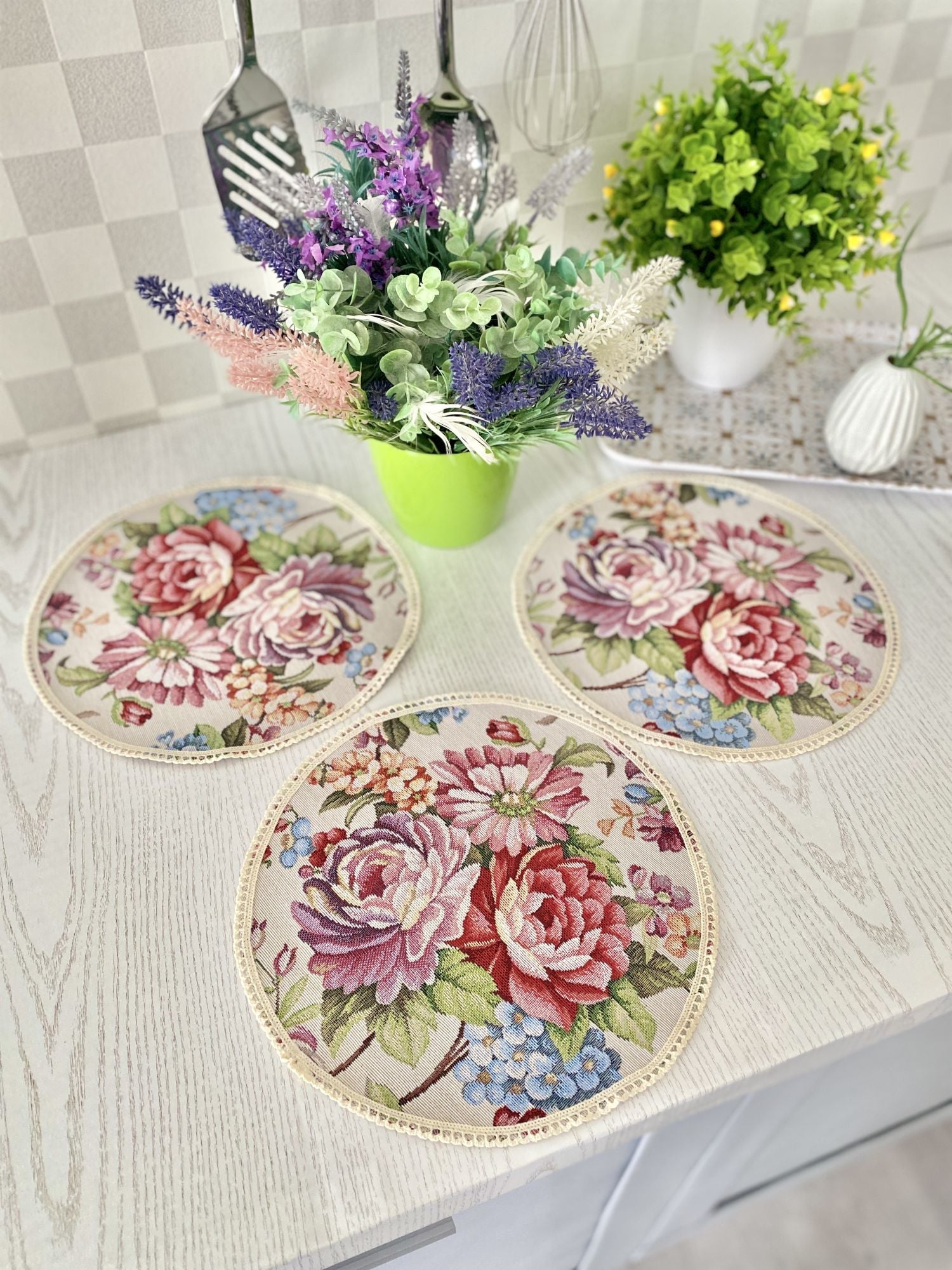 Tapestry coasters set of 6 «Roses» Limaso Textile