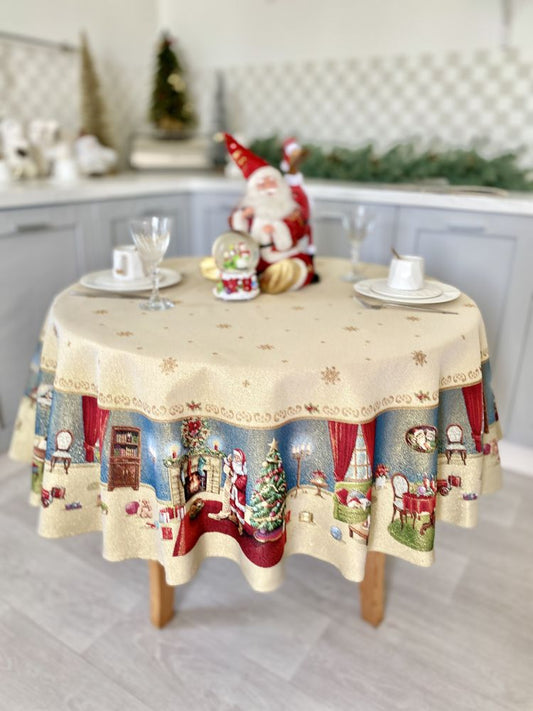 Round Christmas tapestry tablecloth «Letter for Santa» with golden thread