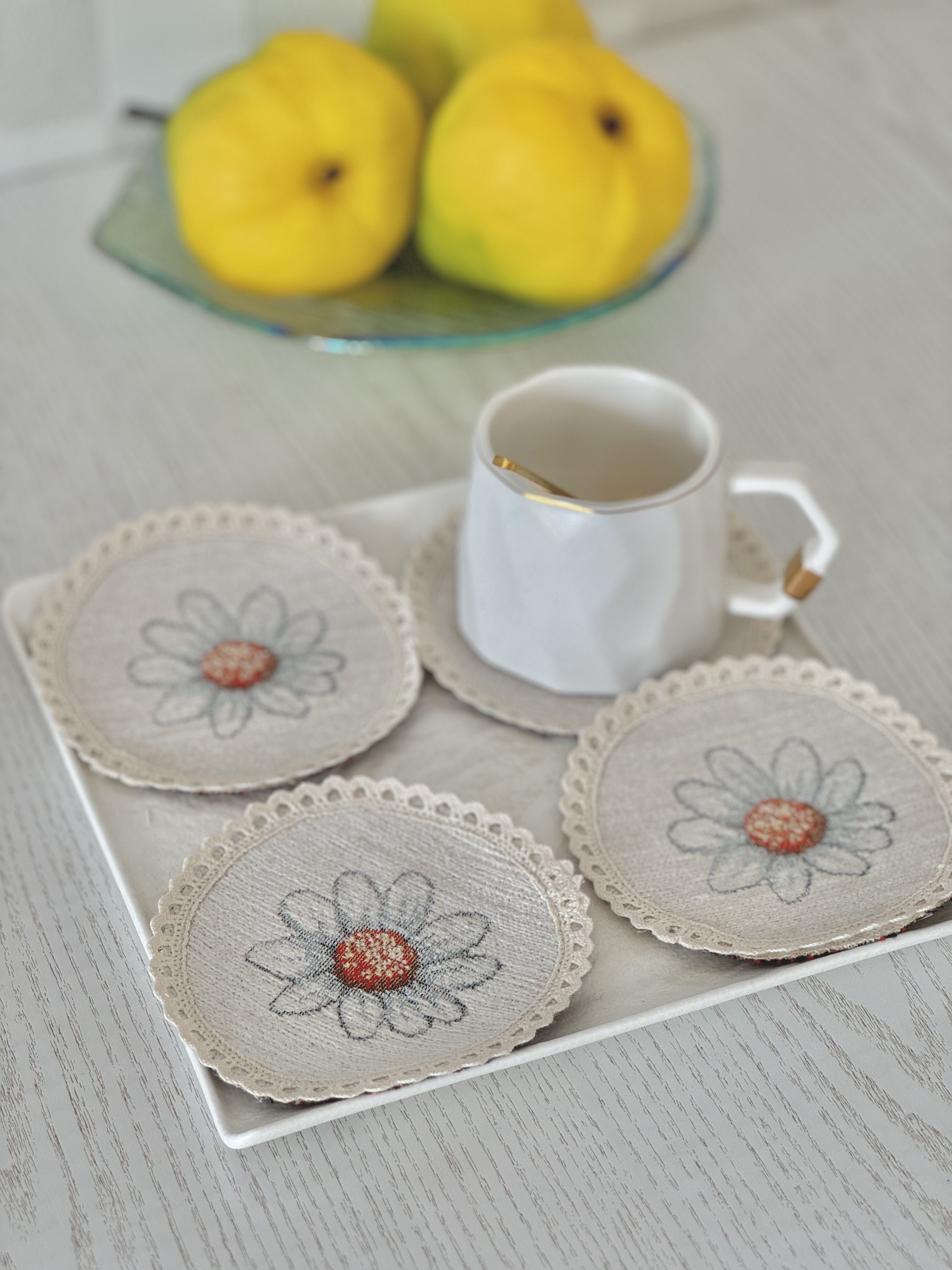 Easter tapestry coasters set of 6 «Bunny in daisies» with microfibre Limaso Textile